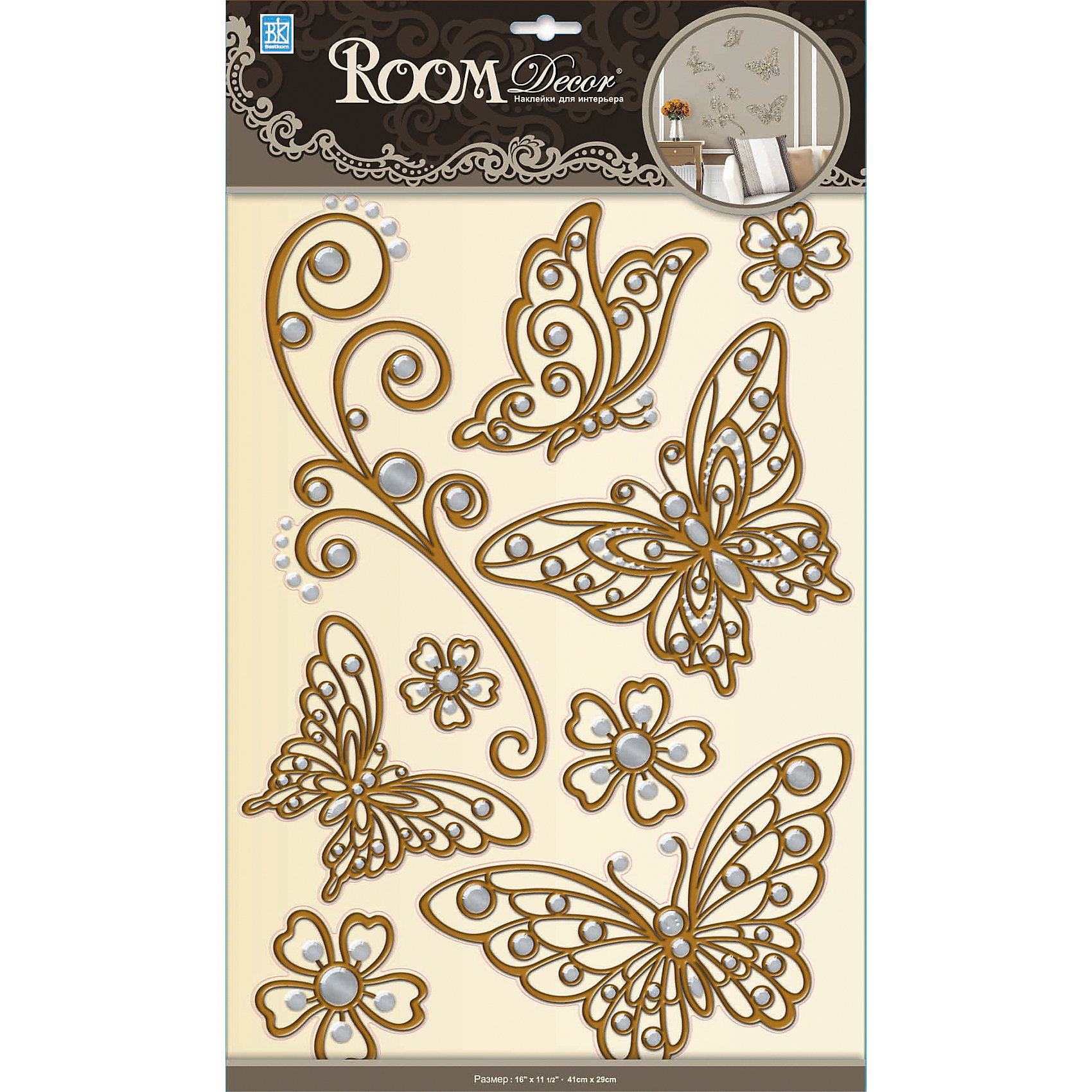 Наклейка Бабочки (металик) POA5801, Room Decor, коричневый Наклейка Бабочки (металик) POA5801, Room Decor, коричневыйПредметы интерьера<br>Характеристики:<br><br>• Предназначение: декор комнаты<br>• Тематика наклеек: бабочки, растительный ажур и цветы<br>• Материал: картон, ПВХ<br>• Комплектация: 9 элементов<br>• Декоративные элементы: имитация страз<br>• Форма: 3d<br>• Объемные<br>• Клейкая поверхность крепится на окрашенные стены, обои, двери, деревянные панели, стекло<br>• Не повреждают поверхность<br>• Устойчивы к выцветанию и истиранию<br>• Повышенные влагостойкие свойства<br>• Размеры (Д*Ш*В): 30*7*42 см<br>• Вес: 60 г<br>• Упаковка: блистер<br><br>Все наклейки выполнены из безопасного и нетоксичного материала – ПВХ. Прочная клеевая основа обеспечивает надежное прикрепление практически к любому виду горизонтальной или вертикальной поверхности, при этом не деформируя и не повреждая ее. Наклейки обладают влагоустойчивыми свойствами, поэтому они хорошо переносят влажную уборку. <br><br>Наклейка Бабочки (металлик) POA5801, Room Decor, коричневый состоит из набора, в который входят 9 элементов с изображением бабочек, цветов и веток, оформленных в ажурной технике. Набор выполнен в объемном формате, что придает всей композиции 3d эффект. <br><br>Наклейку Бабочки (металлик) POA5801, Room Decor, коричневый можно купить в нашем интернет-магазине.<br><br>Ширина мм: 300<br>Глубина мм: 70<br>Высота мм: 420<br>Вес г: 60<br>Возраст от месяцев: 36<br>Возраст до месяцев: 168<br>Пол: Женский<br>Возраст: Детский<br>SKU: 5513010