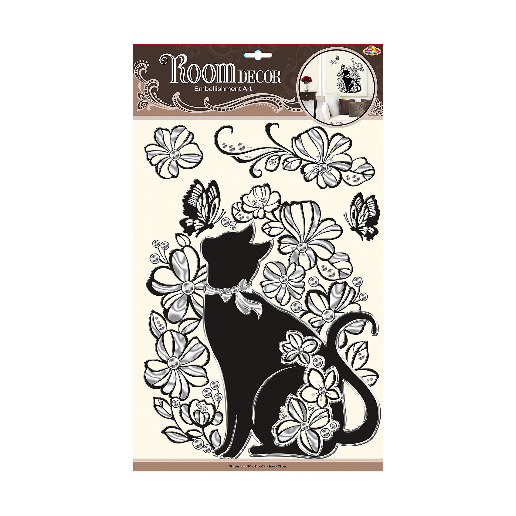 Наклейка Кошечка в цветах POA5855, Room Decor Наклейка Кошечка в цветах POA5855, Room DecorПредметы интерьера<br>Характеристики:<br><br>• Предназначение: декор комнаты<br>• Тематика наклеек: кошка, бабочки и цветы<br>• Материал: картон, ПВХ<br>• Комплектация: 4 элемента<br>• Декоративные элементы: имитация страз<br>• Форма: 3d<br>• Объемные<br>• Клейкая поверхность крепится на окрашенные стены, обои, двери, деревянные панели, стекло<br>• Не повреждают поверхность<br>• Устойчивы к выцветанию и истиранию<br>• Повышенные влагостойкие свойства<br>• Размеры (Д*Ш*В): 30*7*42 см<br>• Вес: 60 г<br>• Упаковка: блистер<br><br>Все наклейки выполнены из безопасного и нетоксичного материала – ПВХ. Прочная клеевая основа обеспечивает надежное прикрепление практически к любому виду горизонтальной или вертикальной поверхности, при этом не деформируя и не повреждая ее. Наклейки обладают влагоустойчивыми свойствами, поэтому они хорошо переносят влажную уборку. <br><br>Наклейка Кошечка в цветах POA5855, Room Decor состоит из набора, в который входят 4 элемента с изображением черной кошки, окруженной цветами и бабочками. Набор выполнен в объемном формате, что придает всей композиции 3d эффект.<br><br>Наклейку Кошечка в цветах POA5855, Room Decor можно купить в нашем интернет-магазине.<br><br>Ширина мм: 300<br>Глубина мм: 70<br>Высота мм: 420<br>Вес г: 50<br>Возраст от месяцев: 36<br>Возраст до месяцев: 168<br>Пол: Женский<br>Возраст: Детский<br>SKU: 5513012