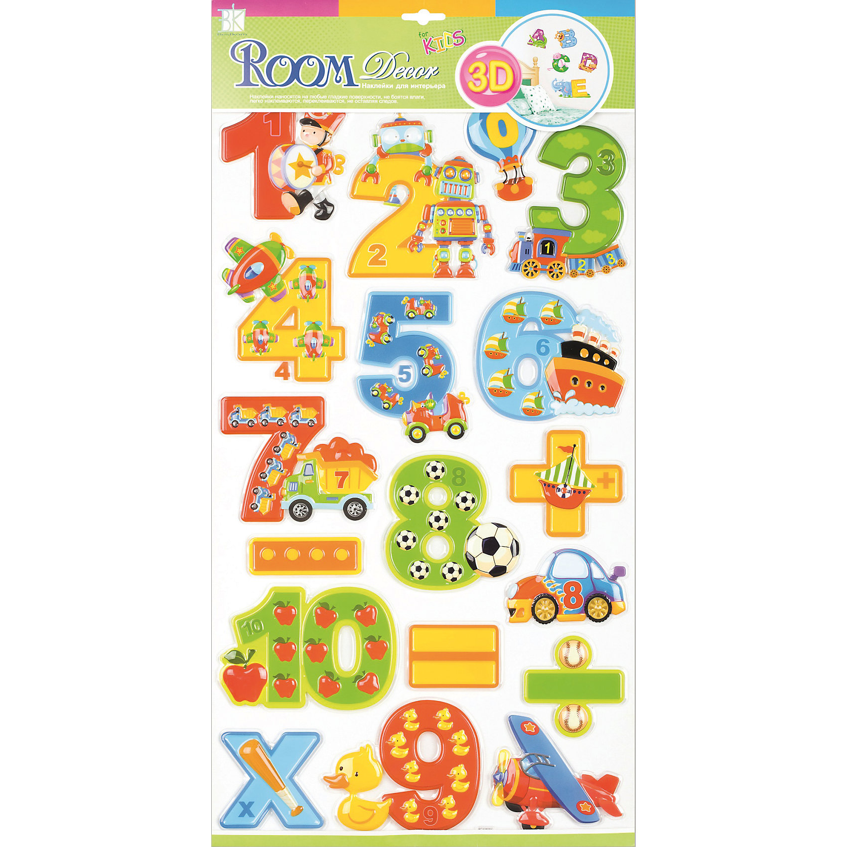 Наклейка Цифры для мальчиков RCA0806, Room Decor Наклейка Цифры для мальчиков RCA0806, Room DecorПредметы интерьера<br>Характеристики:<br><br>• Предназначение: декор комнаты, создание обучающей зоны в детской комнате<br>• Тематика наклеек: цифры<br>• Материал: картон, ПВХ<br>• Комплектация: 18 элементов<br>• Форма: 3d<br>• Клейкая поверхность крепится на окрашенные стены, обои, двери, деревянные панели, стекло<br>• Не повреждают поверхность<br>• Устойчивы к выцветанию и истиранию<br>• Повышенные влагостойкие свойства<br>• Размеры (Д*Ш*В): 32*7*57 см<br>• Вес: 50 г<br>• Упаковка: блистер<br><br>Все наклейки выполнены из безопасного и нетоксичного материала – ПВХ. Прочная клеевая основа обеспечивает надежное прикрепление практически к любому виду горизонтальной или вертикальной поверхности, при этом не деформируя и не повреждая ее. Наклейки обладают влагоустойчивыми свойствами, поэтому они хорошо переносят влажную уборку. <br><br>Наклейка Цифры для девочек RCA0805, Room Decor состоит из набора, в который входят 18 элементов с изображением цифр и математических знаков. Набор выполнен в объемном формате, что придает всей композиции 3d эффект. Каждая цифра оформлена различными рисунками, соответствующими указанной цифре. <br><br>Наклейку Цифры для девочек RCA0805, Room Decor можно купить в нашем интернет-магазине.<br><br>Ширина мм: 320<br>Глубина мм: 70<br>Высота мм: 570<br>Вес г: 50<br>Возраст от месяцев: 36<br>Возраст до месяцев: 168<br>Пол: Мужской<br>Возраст: Детский<br>SKU: 5513023