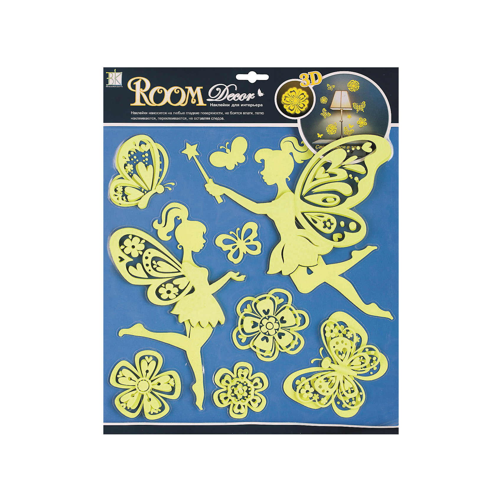 Наклейка Волшебная ночь RCA3804, Room Decor Наклейка Волшебная ночь RCA3804, Room DecorПредметы интерьера<br>Характеристики:<br><br>• Предназначение: декор комнаты<br>• Тематика наклеек: феи, бабочки, цветы<br>• Материал: картон, ПВХ<br>• Комплектация: 9 элементов<br>• Объемные<br>• Светятся в темноте<br>• Клейкая поверхность крепится на окрашенные стены, обои, двери, деревянные панели, стекло<br>• Не повреждают поверхность<br>• Устойчивы к выцветанию и истиранию<br>• Повышенные влагостойкие свойства<br>• Размеры (Д*Ш*В): 30,5*7*30,5 см<br>• Вес: 50 г<br>• Упаковка: блистер<br><br>Все наклейки выполнены из безопасного и нетоксичного материала – ПВХ. Прочная клеевая основа обеспечивает надежное прикрепление практически к любому виду горизонтальной или вертикальной поверхности, при этом не деформируя и не повреждая ее. Наклейки обладают влагоустойчивыми свойствами, поэтому они хорошо переносят влажную уборку. <br><br>Наклейка Волшебная ночь RCA3804, Room Decor состоит из набора, в который входят 9 элементов с изображением фей, бабочек и цветов. <br><br>Наклейку Волшебная ночь RCA3804, Room Decor можно купить в нашем интернет-магазине.<br><br>Ширина мм: 305<br>Глубина мм: 70<br>Высота мм: 305<br>Вес г: 50<br>Возраст от месяцев: 36<br>Возраст до месяцев: 168<br>Пол: Женский<br>Возраст: Детский<br>SKU: 5513024
