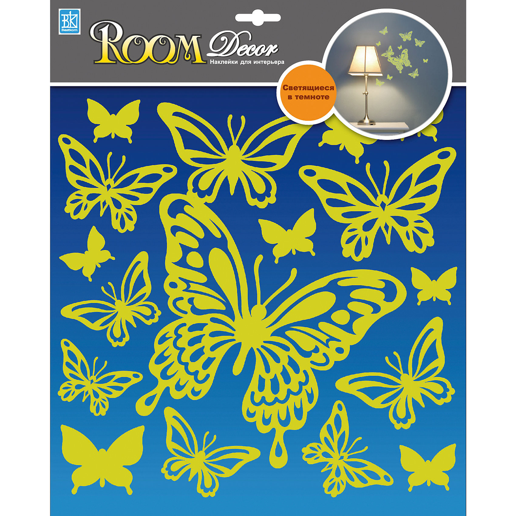 Наклейка Бабочки светящиеся RDA8302, Room Decor Наклейка Бабочки светящиеся RDA8302, Room DecorПредметы интерьера<br>Характеристики:<br><br>• Предназначение: декор комнаты<br>• Тематика наклеек: бабочки<br>• Материал: картон, ПВХ<br>• Комплектация: 17 элементов<br>• Светятся в темноте<br>• Клейкая поверхность крепится на окрашенные стены, обои, двери, деревянные панели, стекло<br>• Не повреждают поверхность<br>• Устойчивы к выцветанию и истиранию<br>• Повышенные влагостойкие свойства<br>• Размеры (Д*Ш*В): 30,5*7*30,5 см<br>• Вес: 40 г<br>• Упаковка: блистер<br><br>Все наклейки выполнены из безопасного и нетоксичного материала – ПВХ. Прочная клеевая основа обеспечивает надежное прикрепление практически к любому виду горизонтальной или вертикальной поверхности, при этом не деформируя и не повреждая ее. Наклейки обладают влагоустойчивыми свойствами, поэтому они хорошо переносят влажную уборку. <br><br>Наклейка Бабочки светящиеся RDA8302, Room Decor состоит из набора, в который входят 17 элементов с изображением бабочек разного размера. <br><br>Наклейку Бабочки светящиеся RDA8302, Room Decor можно купить в нашем интернет-магазине.<br><br>Ширина мм: 305<br>Глубина мм: 70<br>Высота мм: 305<br>Вес г: 40<br>Возраст от месяцев: 36<br>Возраст до месяцев: 168<br>Пол: Женский<br>Возраст: Детский<br>SKU: 5513030