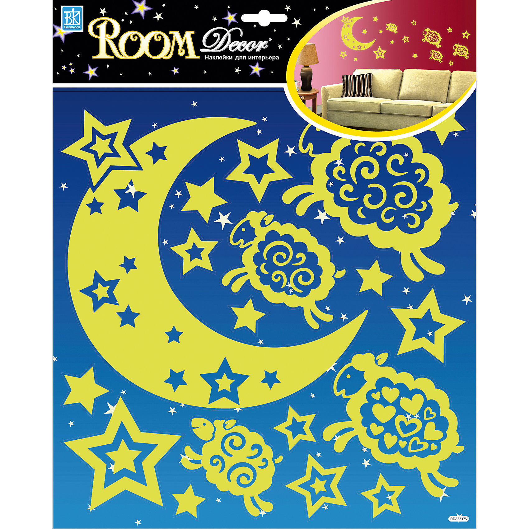 Наклейка Барашки светящиеся RDA8317, Room Decor Наклейка Барашки светящиеся RDA8317, Room DecorПредметы интерьера<br>Характеристики:<br><br>• Предназначение: декор комнаты<br>• Тематика наклеек: барашки, звезды, месяц<br>• Материал: картон, ПВХ<br>• Комплектация: 18 элементов<br>• Светятся в темноте<br>• Клейкая поверхность крепится на окрашенные стены, обои, двери, деревянные панели, стекло<br>• Не повреждают поверхность<br>• Устойчивы к выцветанию и истиранию<br>• Повышенные влагостойкие свойства<br>• Размеры (Д*Ш*В): 30,5*7*30,5 см<br>• Вес: 40 г<br>• Упаковка: блистер<br><br>Все наклейки выполнены из безопасного и нетоксичного материала – ПВХ. Прочная клеевая основа обеспечивает надежное прикрепление практически к любому виду горизонтальной или вертикальной поверхности, при этом не деформируя и не повреждая ее. Наклейки обладают влагоустойчивыми свойствами, поэтому они хорошо переносят влажную уборку. <br><br>Наклейка Барашки светящиеся RDA8317, Room Decor состоит из набора, в который входят 18 элементов с изображением милых барашков в окружении россыпи звезд. <br><br>Наклейку Барашки светящиеся RDA8317, Room Decor можно купить в нашем интернет-магазине.<br><br>Ширина мм: 305<br>Глубина мм: 70<br>Высота мм: 305<br>Вес г: 40<br>Возраст от месяцев: 36<br>Возраст до месяцев: 168<br>Пол: Унисекс<br>Возраст: Детский<br>SKU: 5513032