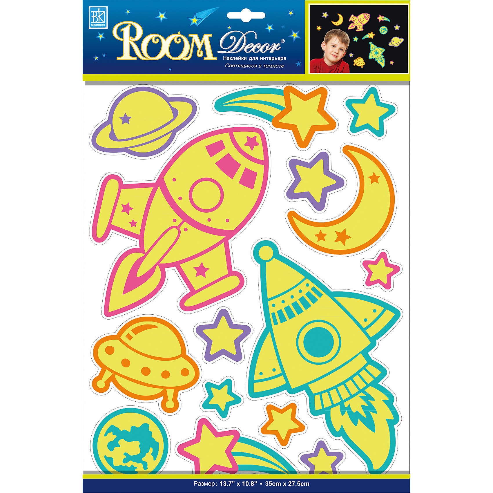 Наклейка Светящиеся ракеты REA 4603, Room Decor Наклейка Светящиеся ракеты REA 4603, Room DecorПредметы интерьера<br>Характеристики:<br><br>• Предназначение: декор комнаты<br>• Тематика наклеек: космос<br>• Материал: картон, ПВХ<br>• Комплектация: 7 элементов<br>• Декоративные элементы: блестки<br>• Светящиеся в темноте<br>• Форма: многослойные<br>• Клейкая поверхность крепится на окрашенные стены, обои, двери, деревянные панели, стекло<br>• Не повреждают поверхность<br>• Устойчивы к выцветанию и истиранию<br>• Повышенные влагостойкие свойства<br>• Размеры (Д*Ш*В): 30,5*7*31,5 см<br>• Вес: 40 г<br>• Упаковка: блистер<br><br>Все наклейки выполнены из безопасного и нетоксичного материала – ПВХ. Прочная клеевая основа обеспечивает надежное прикрепление практически к любому виду горизонтальной или вертикальной поверхности, при этом не деформируя и не повреждая ее. Наклейки обладают влагоустойчивыми свойствами, поэтому они хорошо переносят влажную уборку. <br><br>Наклейка Светящиеся ракеты REA 4603, Room Decor состоит из набора, в который входят 7 элементов с изображением ракет, звезд и планет. Картинки светятся в темноте.<br><br>Наклейку Светящиеся ракеты REA 4603, Room Decor можно купить в нашем интернет-магазине.<br><br>Ширина мм: 305<br>Глубина мм: 70<br>Высота мм: 315<br>Вес г: 40<br>Возраст от месяцев: 36<br>Возраст до месяцев: 168<br>Пол: Унисекс<br>Возраст: Детский<br>SKU: 5513055