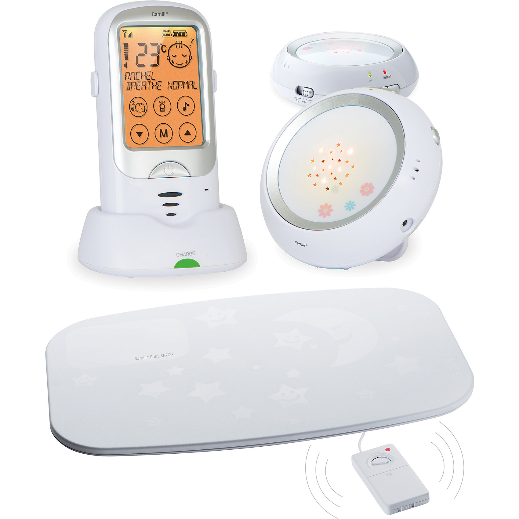 Радионяня Baby RA300DuoSP, Ramili Радионяня Baby RA300DuoSP, RamiliДетская бытовая техника<br>Радионяня Baby RA300DuoSP, Ramili (Рамили)<br><br>Характеристики:<br><br>• двухсторонняя связь<br>• монитор дыхания в комплекте<br>• сенсорный экран<br>• проектор<br>• термометр<br>• таймер кормления<br>• индикатор заряда<br>• дальность действия: до 650 метров<br>• автоматическое включение<br>• защита от случайного нажатия<br>• экран: 7,3 см<br>• размер упаковки: 18х16х7 см<br>• вес: 902 грамма<br><br>Радионяня Baby RA300DuoSP поможет вам чувствовать себя спокойно, когда вы не можете находиться рядом с малышом. Двухсторонняя связь позволяет не только слышать малыша, но и общаться с ним. Вы сможете спеть любимую песенку крохи или успокоить его ласковым голосом. <br><br>Для вашего удобства радионяня оснащена таймером кормления, термометром и индикатором заряда. Вы всегда будете знать температуру в комнате ребенка, сможете вовремя его покормить, а индикатор заряда напомнит о необходимости подзарядки. При обнаружении плача радионяня автоматически включается и подает сигал на родительский блок. <br><br>В комплект входит монитор дыхания. Он представляет собой коврик, следящий за дыханием ребенка во время сна. Коврик располагается под матрасом кроватки. Встроенный ночник с проекцией звездного неба поможет малышу расслабиться и успокоиться перед сном. Радионяня имеет удобный сенсорный экран с защитой от случайного нажатия. Вы сможете подключить до 4-х детских блоков одновременно. Дальность действия - до 650 метров.<br><br>Радионяню Baby RA300DuoSP, Ramili (Рамили) вы можете купить в нашем интернет-магазине.<br><br>Ширина мм: 70<br>Глубина мм: 160<br>Высота мм: 180<br>Вес г: 902<br>Возраст от месяцев: 0<br>Возраст до месяцев: 1188<br>Пол: Унисекс<br>Возраст: Детский<br>SKU: 5516689