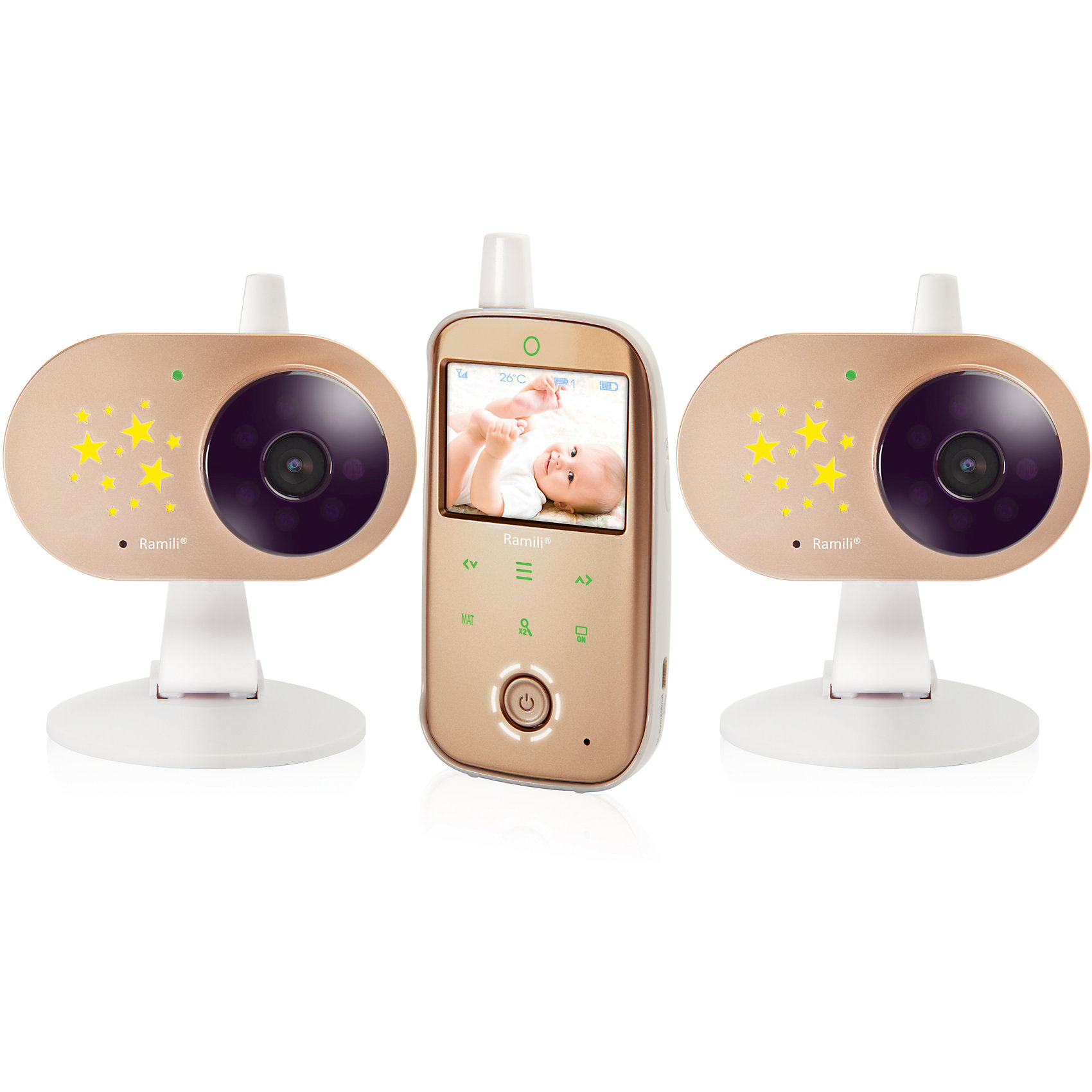 Видеоняня Baby RV1200X2, Ramil Видеоняня Baby RV1200X2, RamilДетская бытовая техника<br>Видеоняня Baby RV1200X2, Ramili (Рамили)<br><br>Характеристики:<br><br>• стабильная передача данных<br>• изображение без помех<br>• двухсторонний режим<br>• термометр <br>• цифровой зум<br>• встроенный проектор звездного неба<br>• функция ночного видения<br>• индикатор заряда<br>• оповещение о выходе из зоны покрытия<br>• кнопки с подсветкой<br>• возможно подключение монитора дыхания и дополнительных камер<br>• дальность действия - 300 метров<br>• количество камер: 2<br>• диагональ экрана: 6,1 см<br>• размер упаковки: 12х54х40 см<br>• вес: 700 грамм<br><br>Видеоняня Baby RV1200X2 - бесценный помощник родителей в вопросах безопасности малыша. В комплект входят две видеокамеры и родительский блок с монитором. При необходимости вы можете подключить дополнительные камеры и монитор дыхания. Комплект оснащен функцией двухсторонней связи, благодаря чему, вы сможете общаться с малышом и успокаивать его. <br><br>Встроенный термометр оповестит вас о повышении или понижении температуры в детской комнате. Встроенный проектор включается автоматически при обнаружении плача. Малыш сможет наслаждаться видом звездного неба, пока ждет родителей. <br><br>Родительский блок оснащен индикатором заряда и сигналом, оповещающим о выходе из зоны покрытия. Современная модель видеоняни гарантирует стабильную передачу данных, изображение без помех. В ночное время функция ночного видения включается автоматически. Дальность действия - 300 метров. <br><br>Видеоняню Baby RV1200X2, Ramili (Рамили) вы можете купить в нашем интернет-магазине.<br><br>Ширина мм: 120<br>Глубина мм: 540<br>Высота мм: 400<br>Вес г: 700<br>Возраст от месяцев: 0<br>Возраст до месяцев: 1188<br>Пол: Унисекс<br>Возраст: Детский<br>SKU: 5516694