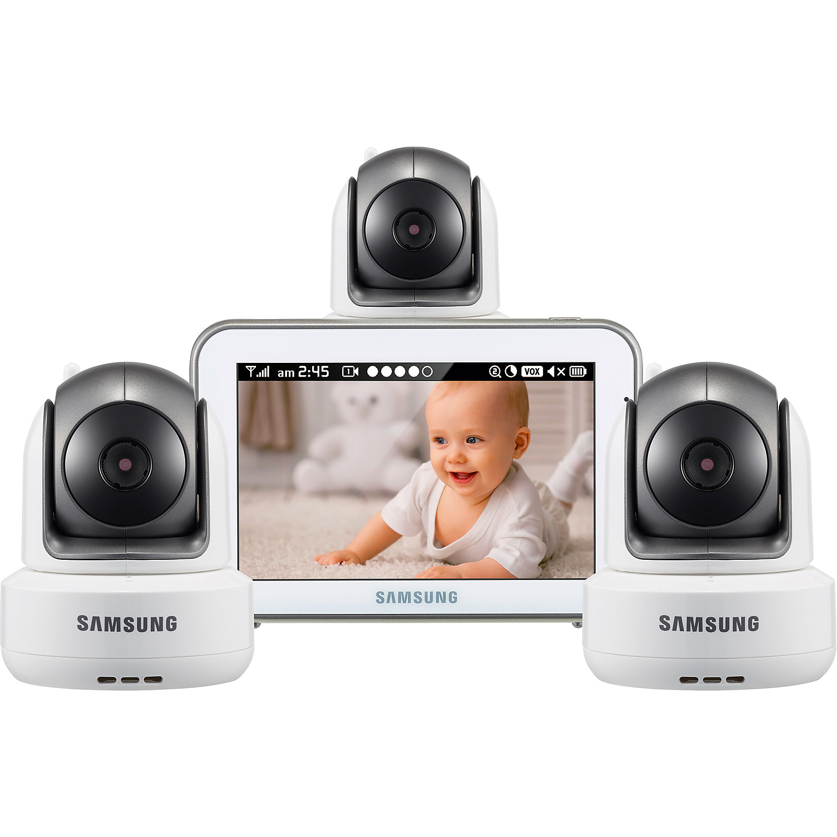 Видеоняня Samsung SEW-3043WPX3 Видеоняня Samsung SEW-3043WPX3Детская бытовая техника<br>Видеоняня SEW-3043WPX3, Samsung (Самсунг)<br><br>Характеристики:<br><br>• высокое качество изображения (HD 720p)<br>• полный обзор комнаты благодаря повороту камеры<br>• двухсторонняя связь<br>• качественный звук<br>• встроенный ночник<br>• автоматическое включение ночного видения (не мешает ребенку)<br>• встроенные колыбельные<br>• сенсорный экран 12,7 см<br>• разрешение экрана: 1280х720 <br>• цифровой зум<br>• таймер кормления<br>• регулируемая громкость<br>• удобное крепление детского и родительского блоков<br>• индикатор уровня заряда<br>• дальность действия: до 300 метров<br>• питание родительского блока: от сети 220В, встроенный аккумулятор<br>• питание детского блока: встроенный аккумулятор, от сети 220В через адаптер<br>• количество камер: 3<br>• размер упаковки: 39х24х11 см<br>• вес: 1350 грамм<br><br>Видеоняня SEW-3043WPX3 позволит вам непрерывно наблюдать за малышом, находясь на расстоянии. В комплект входят три камеры и родительский блок. Камеры поворачиваются на 300 градусов по горизонтали и на 110 по вертикали, что обеспечивает вам полноценный обзор комнаты. <br><br>Видеоняня оснащена такими полезными функциями как таймер кормления, встроенные колыбельные мелодии и двухсторонняя связь. Таймер кормления оповестит вас, когда придет время накормить кроху. А с помощью двухсторонней связи вы сможете пообщаться с малышом. <br><br>Инфракрасная подсветка для режима ночного видения не беспокоит спящего ребенка. Детский блок оснащен ночником, которым вы сможете управлять с родительского блока. Видеоняня имеет высокое качество изображения и звука. Вы всегда будете знать, что делает малыш, даже если вас нет рядом. <br><br>Видеоняню SEW-3043WPX3, Samsung (Самсунг) вы можете купить в нашем интернет-магазине.<br><br>Ширина мм: 80<br>Глубина мм: 300<br>Высота мм: 0<br>Вес г: 1001<br>Возраст от месяцев: 0<br>Возраст до месяцев: 1188<br>Пол: Унисекс<br>Возраст: Детский<br>SKU: 5516702