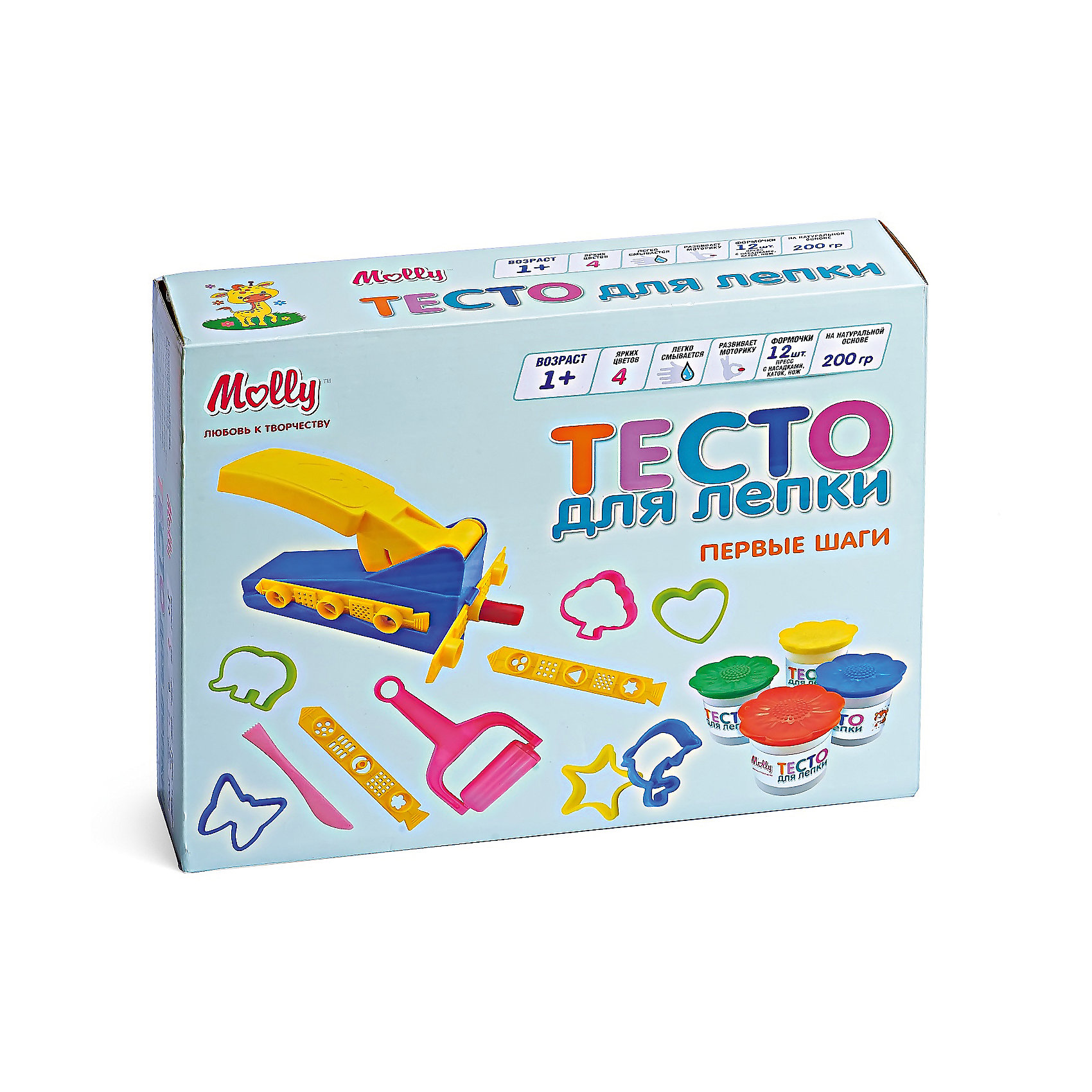 Тесто для лепки Первые шаги, 4 цвета+ 1 пресс, 12 формочек, 1 каток, 1 нож Тесто для лепки Первые шаги, 4 цвета+ 1 пресс, 12 формочек, 1 каток, 1 ножЛепка<br>Тесто для лепки Первые шаги, 4 цвета+ 1 пресс, 12 формочек, 1 каток, 1 нож.<br><br>Характеристики:<br><br>• Для детей в возрасте: от 1 года<br>• В наборе: 4 баночки теста разного цвета (по 50 гр.), пресс, 12 формочек, каток, нож<br>• Цвета: желтый, красный, синий, зеленый<br>• Состав: пшеничная мука крахмал, вода, соль, пищевая добавка, пищевой краситель<br>• Упаковка: картонная коробка<br>• Размер упаковки: 26х21х6,5 см.<br><br>Тесто может использоваться многократно при условии правильного хранения. Готовые подделки застывают на воздухе, не крошатся, обладают достаточной прочностью, после полного высыхания их можно раскрасить красками. Тесто для лепки абсолютно безопасно, гипоаллергенно. В набор также входят различные формочки, пресс, каток и нож, с помощью которых малыш сможет создать множество ярких поделок. <br><br>Тесто для лепки Первые шаги, 4 цвета+ 1 пресс, 12 формочек, 1 каток, 1 нож можно купить в нашем интернет-магазине.<br><br>Ширина мм: 265<br>Глубина мм: 210<br>Высота мм: 650<br>Вес г: 260<br>Возраст от месяцев: 36<br>Возраст до месяцев: 2147483647<br>Пол: Унисекс<br>Возраст: Детский<br>SKU: 5519354
