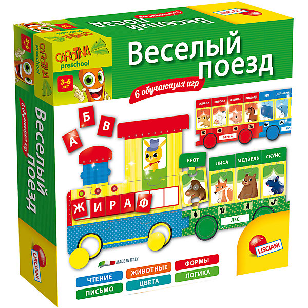 Обучающая игра Веселый поезд, Lisciani Обучающая игра Веселый поезд, LiscianiИзучаем цвета и формы<br>Обучающая игра Весёлый поезд, Lisciani<br><br>Характеристики:<br><br>• В набор входит: локомотив, 5 вагонов с карточками, 72 буквы, инструкция<br>• Размер упаковки: 35х5х25,5 см.<br>• Состав: картон, бумага<br>• Вес: 680 г.<br>• Для детей в возрасте: от 3 до 6 лет<br>• Страна производитель: Италия<br><br>Целых пять весёлых вагонов наполнены разными животными, сгруппированными по их местам обитания. Морские животные, животные саванны, джунглей, леса и фермы будут увеличивать словарный запас ребёнка в игровой форме. К каждой карточке с рисунком животного подсоединяется его название, собирая такие пазлы дети будут практиковать чтение. С паровозиком можно также играть и в лото.<br><br>Обучающую игру Весёлый поезд, Lisciani можно купить в нашем интернет-магазине.<br><br>Ширина мм: 254<br>Глубина мм: 254<br>Высота мм: 60<br>Вес г: 682<br>Возраст от месяцев: 36<br>Возраст до месяцев: 2147483647<br>Пол: Унисекс<br>Возраст: Детский<br>SKU: 5522889