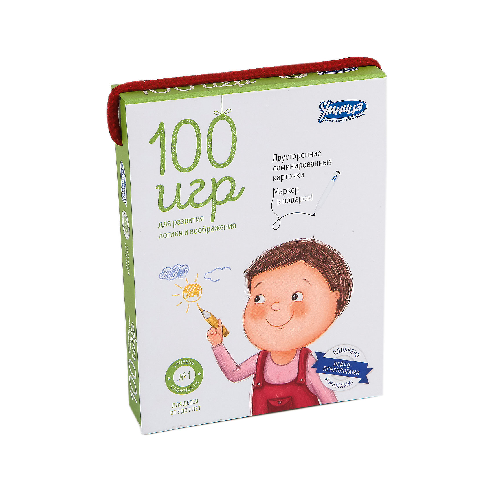 Карточки 100 игр, Уровень 1 Карточки 100 игр, Уровень 1Умница<br>Характеристики:<br><br>• Вид игр: обучающие, развивающие<br>• Серия: Развивающие карточки<br>• Материал: картон, пластик<br>• Комплектация: 50 двухсторонних карточек, маркер, методические рекомендации родителям<br>• Размеры карточек (В*Ш): 15*11 см<br>• Тип упаковки: картонная коробка<br>• Размеры упаковки (Д*Ш*В): 11,5*15,5*30 см<br>• Вес в упаковке: 340 г<br><br>Карточки 100 игр, Уровень 1 состоят из 50 двухсторонних карточек с разнообразными заданиями, направленными на развитие внимания, логического мышления, зрительной памяти. Среди заданий: дорисуй картинку, выбери путь, найди отличия, найди указанные предметы и т.д. Для выполнения заданий в комплекте предусмотрен маркер, который легко стирается с поверхности.<br><br>Карточки 100 игр, Уровень 1 можно купить в нашем интернет-магазине.<br><br>Ширина мм: 115<br>Глубина мм: 155<br>Высота мм: 300<br>Вес г: 340<br>Возраст от месяцев: 36<br>Возраст до месяцев: 2147483647<br>Пол: Унисекс<br>Возраст: Детский<br>SKU: 5523166
