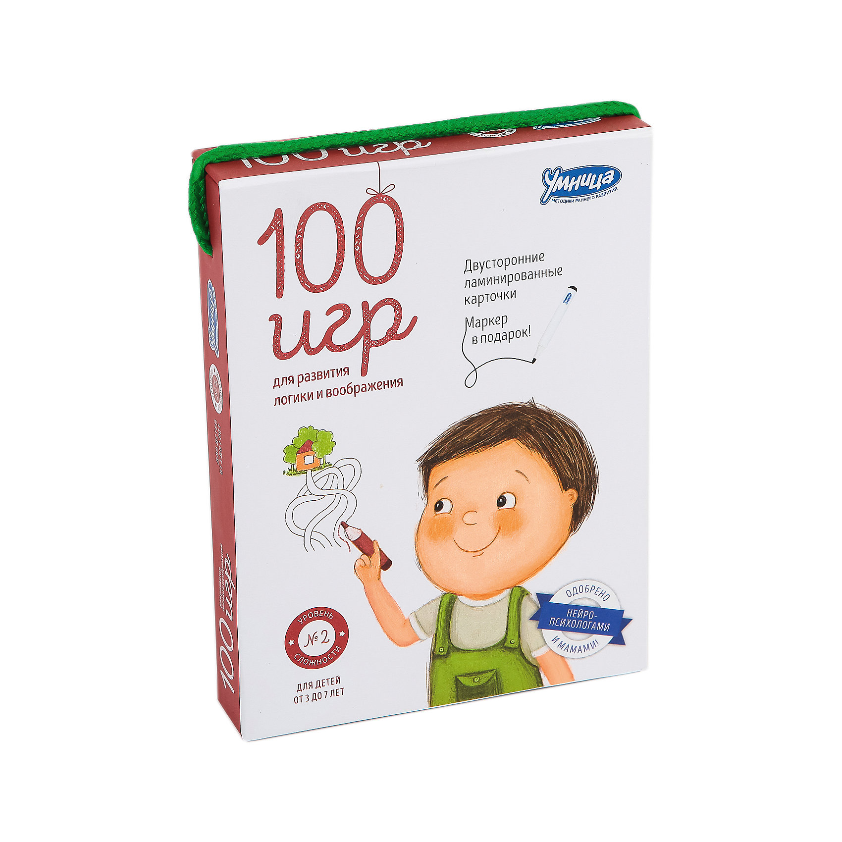 Карточки 100 игр, Уровень 2 Карточки 100 игр, Уровень 2Умница<br>Характеристики:<br><br>• Вид игр: обучающие, развивающие<br>• Серия: Развивающие карточки<br>• Материал: картон, пластик<br>• Комплектация: 50 двухсторонних карточек, маркер, методические рекомендации родителям<br>• Размеры карточек (В*Ш): 15*11 см<br>• Тип упаковки: картонная коробка<br>• Размеры упаковки (Д*Ш*В): 11,5*15,5*30 см<br>• Вес в упаковке: 340 г<br><br>Карточки 100 игр, Уровень 2 состоят из 50 двухсторонних карточек с разнообразными заданиями, направленными на развитие внимания, логического мышления, зрительной памяти. Среди заданий: дорисуй картинку, выбери путь, найди отличия, найди указанные предметы и т.д. Для выполнения заданий в комплекте предусмотрен маркер, который легко стирается с поверхности.<br><br>Карточки 100 игр, Уровень 2 можно купить в нашем интернет-магазине.<br><br>Ширина мм: 115<br>Глубина мм: 155<br>Высота мм: 300<br>Вес г: 340<br>Возраст от месяцев: 36<br>Возраст до месяцев: 2147483647<br>Пол: Унисекс<br>Возраст: Детский<br>SKU: 5523167