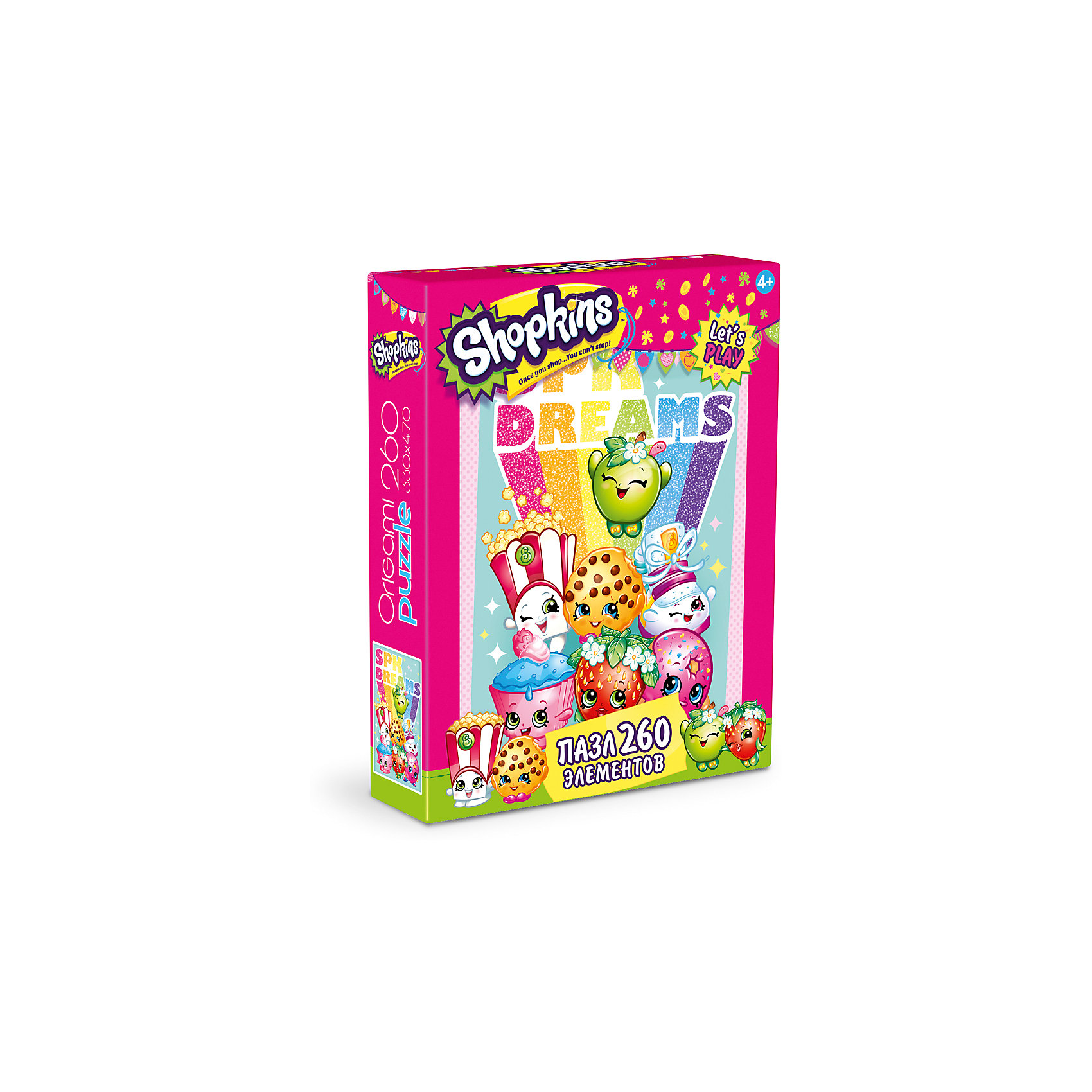 Пазл Shopkins dreams, Shopkins, Origami Пазл Shopkins dreams, Shopkins, OrigamiПазлы для малышей<br>Пазл 260 элементов. Комплектность: пазл (325х466). Рекомендованный возраст 4+<br><br>Ширина мм: 230<br>Глубина мм: 50<br>Высота мм: 180<br>Вес г: 140<br>Возраст от месяцев: 48<br>Возраст до месяцев: 96<br>Пол: Унисекс<br>Возраст: Детский<br>SKU: 5528413