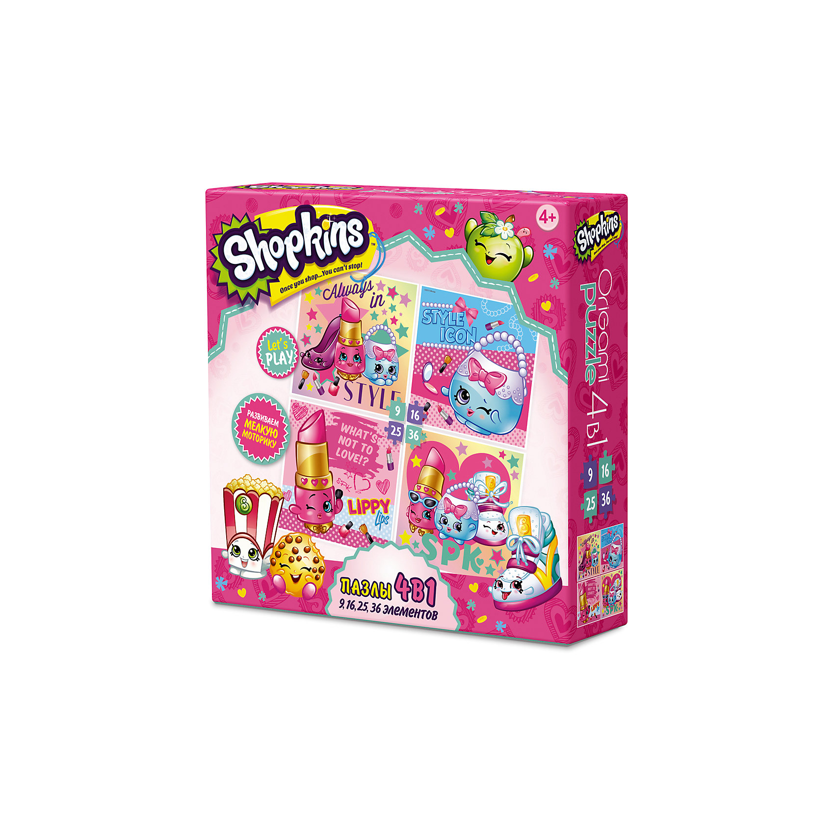 Пазл 4 в 1 Beauty, Shopkins, Origami Пазл 4 в 1 Beauty, Shopkins, OrigamiПазлы для малышей<br>Пазл 4 в 1 Beauty, Shopkins, Origami<br><br>Характеристики:<br><br>• Количество деталей: 86 шт.<br>• Размер упаковки: 1,8х0,5х1,8 см<br>• Размер готовой картинки: 22х22 см.<br>• Состав: бумага, картон<br>• Вес: 154 г<br>• Для детей в возрасте: от 4 до 8 лет<br>• Страна производитель: Россия<br><br>Эта игра состоит из 4 наборов пазл: первый состоит из 9 деталей, второй - из 16, третий - из 25 и четвертый состоит из 36 деталей. Ребенок может начать с малого количества деталей, и, если у него получится он может перейти на более высокий уровень. Это будет развивать у ребенка в дальнейшем умение здраво оценивать свои способности и использовать их в нужном направлении. <br><br>Высококачественный пазл отлично собирается, благодаря единым цветам персонажей. Сборка этого пазла не будет сложной, пазл отлично подойдёт новичкам. Закончив сборку вы можете склеить кусочки превратив пазл в красивую картину, или можете разобрать его и снова собрать позже.<br><br>Пазл 4 в 1 Beauty от Shopkins, Origami можно купить в нашем интернет-магазине.<br><br>Ширина мм: 180<br>Глубина мм: 50<br>Высота мм: 180<br>Вес г: 150<br>Возраст от месяцев: 48<br>Возраст до месяцев: 84<br>Пол: Унисекс<br>Возраст: Детский<br>SKU: 5528420