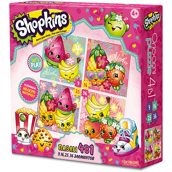 Пазл 4 в 1 Tropical, Shopkins, Origami Пазл 4 в 1 Tropical, Shopkins, OrigamiПазлы для малышей<br>Пазл 4 в 1 Tropical, Shopkins, Origami<br><br>Характеристики:<br><br>• Количество деталей: 86 шт.<br>• Размер упаковки: 1,8х0,5х1,8 см<br>• Размер готовой картинки: 22х22 см.<br>• Состав: бумага, картон<br>• Вес: 154 г<br>• Для детей в возрасте: от 4 лет<br>• Страна производитель: Россия<br><br>Серия Tropical (Тропикал) обязательно должно понравиться вашему ребенку и удивить своей красочностью, яркостью и красочностью. Эта игра состоит из 4 наборов пазл: первый состоит из 9 деталей, второй - из 16, третий - из 25 и четвертый состоит из 36 деталей. <br><br>Высококачественный пазл отлично собирается, благодаря единым цветам персонажей. Сборка этого пазла не будет сложной, пазл отлично подойдёт новичкам. Закончив сборку вы можете склеить кусочки превратив пазл в красивую картину, или можете разобрать его и снова собрать позже.<br><br>Пазл 4 в 1 Tropical от Shopkins, Origami можно купить в нашем интернет-магазине.<br><br>Ширина мм: 180<br>Глубина мм: 50<br>Высота мм: 180<br>Вес г: 150<br>Возраст от месяцев: 48<br>Возраст до месяцев: 84<br>Пол: Унисекс<br>Возраст: Детский<br>SKU: 5528421
