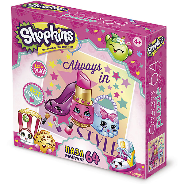 Пазл Always in style, Shopkins, Origami Пазл Always in style, Shopkins, OrigamiПазлы для малышей<br>Пазл Always in style, Shopkins, Origami<br><br>Характеристики:<br><br>• Количество деталей: 64 шт.<br>• Размер упаковки: 15х4,5х15 см.<br>• Размер готовой картинки: 22х22 см.<br>• Состав: бумага, картон<br>• Вес: 100 г.<br>• Для детей в возрасте: от 4 лет<br>• Страна производитель: Россия<br><br>Серия Будь всегда в стиле в виде сумочки, помады и туфельки представленным на цветном фоне порадует фанатов игрушек Шопкинс. <br>Высококачественный пазл отлично собирается, благодаря единым цветам персонажей сборка этого пазла не будет сложной, пазл отлично подойдёт новичкам. Закончив сборку вы можете склеить кусочки превратив пазл в красивую картину, или можете разобрать его и снова собрать позже.<br><br>Пазл Always in style, Shopkins, Origami можно купить в нашем интернет-магазине.<br><br>Ширина мм: 150<br>Глубина мм: 45<br>Высота мм: 150<br>Вес г: 100<br>Возраст от месяцев: 48<br>Возраст до месяцев: 84<br>Пол: Унисекс<br>Возраст: Детский<br>SKU: 5528422