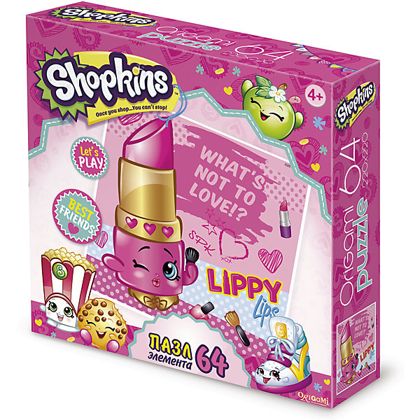 Пазл Модная Липпи, Shopkins, Origami Пазл Модная Липпи, Shopkins, OrigamiПазлы для малышей<br>Пазл Модная Липпи, Shopkins, Origami<br><br>Характеристики:<br><br>• Количество деталей: 64 шт.<br>• Размер упаковки: 15х4,5х15 см.<br>• Размер готовой картинки: 22х22 см.<br>• Состав: бумага, картон<br>• Вес: 100 г.<br>• Для детей в возрасте: от 4 лет<br>• Страна производитель: Россия<br><br>Серия Что же тут не любить?, представительницей которой выступает яркая помада в окружении других косметических товаров порадует фанатов игрушек Шопкинс. Высококачественный пазл отлично собирается, благодаря чётким разделениям частей по цвету сборка этого пазла не будет сложной. Закончив сборку вы можете склеить кусочки превратив пазл в красивую картину, или можете разобрать его и снова собрать позже.<br><br>Пазл Модная Липпи, Shopkins, Origami можно купить в нашем интернет-магазине.<br><br>Ширина мм: 150<br>Глубина мм: 45<br>Высота мм: 150<br>Вес г: 100<br>Возраст от месяцев: 48<br>Возраст до месяцев: 84<br>Пол: Унисекс<br>Возраст: Детский<br>SKU: 5528424