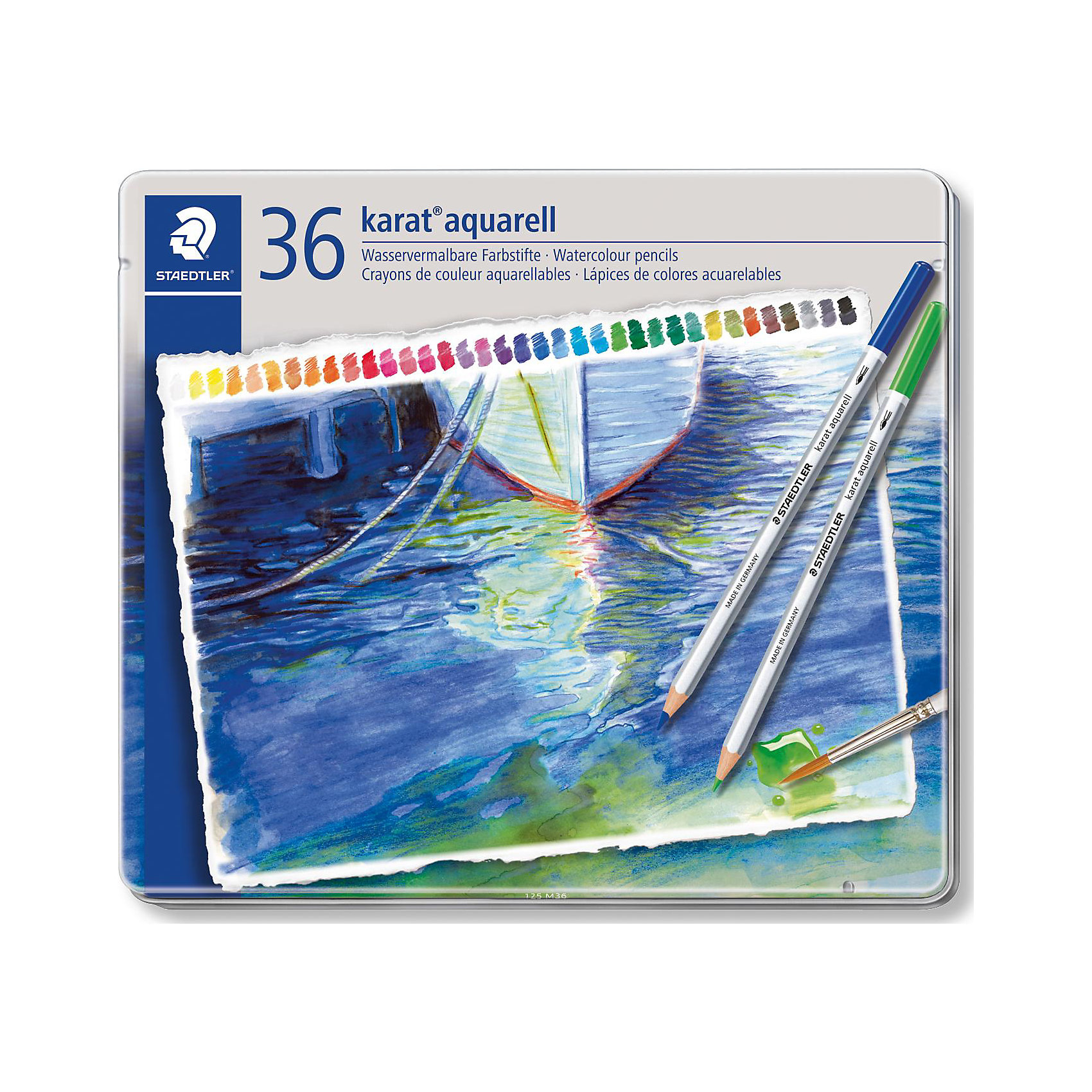 Карандаш акварельный KaratAquarell набор 36 цветов Карандаш акварельный KaratAquarell набор 36 цветовРисование<br>Карандаш акварельный KaratAquarell набор 36 цветов.<br><br>Характеристики:<br><br>• Для детей в возрасте: от 5 лет<br>• В наборе: 36 светостойких акварельных карандашей<br>• Количество цветов: 36<br>• Диаметр грифеля: 3 мм.<br>• Материал корпуса: сертифицированная древесина<br>• Упаковка: металлическая коробка<br>• Размеры упаковки: 188x215x21 мм.<br>• Вес: 436 гр.<br><br>Набор высококачественных акварельных карандашей KaratAquarell, непременно, понравится вашему юному художнику. Набор включает в себя 36 акварельных светостойких карандашей, ярких цветов. Карандашами можно рисовать как обычными цветными или создавать разнообразные акварельные эффекты, намочив грифель водой или размыв сухой рисунок кисточкой. Цвета прекрасно смешиваются друг с другом. Созданные работы долгое время сохраняют свои яркие насыщенные цвета. Карандаши имеют ударопрочный грифель, легко затачиваются. Изготовлены из сертифицированной древесины.<br><br>Карандаш акварельный KaratAquarell набор 36 цветов можно купить в нашем интернет-магазине.<br><br>Ширина мм: 190<br>Глубина мм: 217<br>Высота мм: 200<br>Вес г: 482<br>Возраст от месяцев: 60<br>Возраст до месяцев: 2147483647<br>Пол: Унисекс<br>Возраст: Детский<br>SKU: 5529975