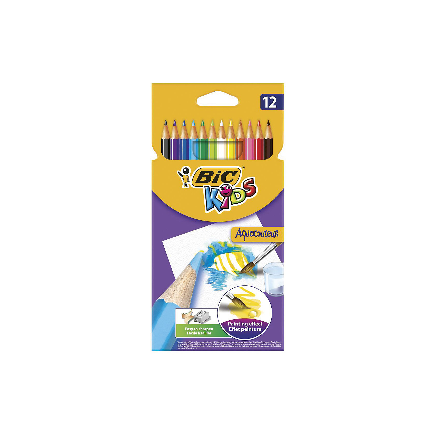 Карандаши цветные акварельные Bic Aquacouleur, 12 цветов Карандаши цветные акварельные Bic Aquacouleur, 12 цветовРисование<br>Карандаши цветные акварельные Bic Aquacouleur, 12 цветов.<br><br>Характеристики:<br><br>• Для детей в возрасте: от 5 до 16 лет<br>• В наборе: 12 шестигранных карандашей<br>• Количество цветов: 12<br>• Материал корпуса: дерево<br>• Упаковка: коробка с европодвесом<br><br>Цветные акварельные карандаши Aquacouleur от Bic, непременно, понравятся вашему юному художнику. Набор включает в себя 12 карандашей, ярких насыщенных цветов. Их можно использовать как обычные карандаши, а так же, проведя по рисунку влажной кисточкой, получить эффект акварели. Карандаши изготовлены с использованием высококачественного дерева и имеют шестигранный корпус. Легко затачиваются.<br><br>Карандаши цветные акварельные Bic Aquacouleur, 12 цветов можно купить в нашем интернет-магазине.<br><br>Ширина мм: 9<br>Глубина мм: 100<br>Высота мм: 212<br>Вес г: 81<br>Возраст от месяцев: 60<br>Возраст до месяцев: 192<br>Пол: Унисекс<br>Возраст: Детский<br>SKU: 5530012