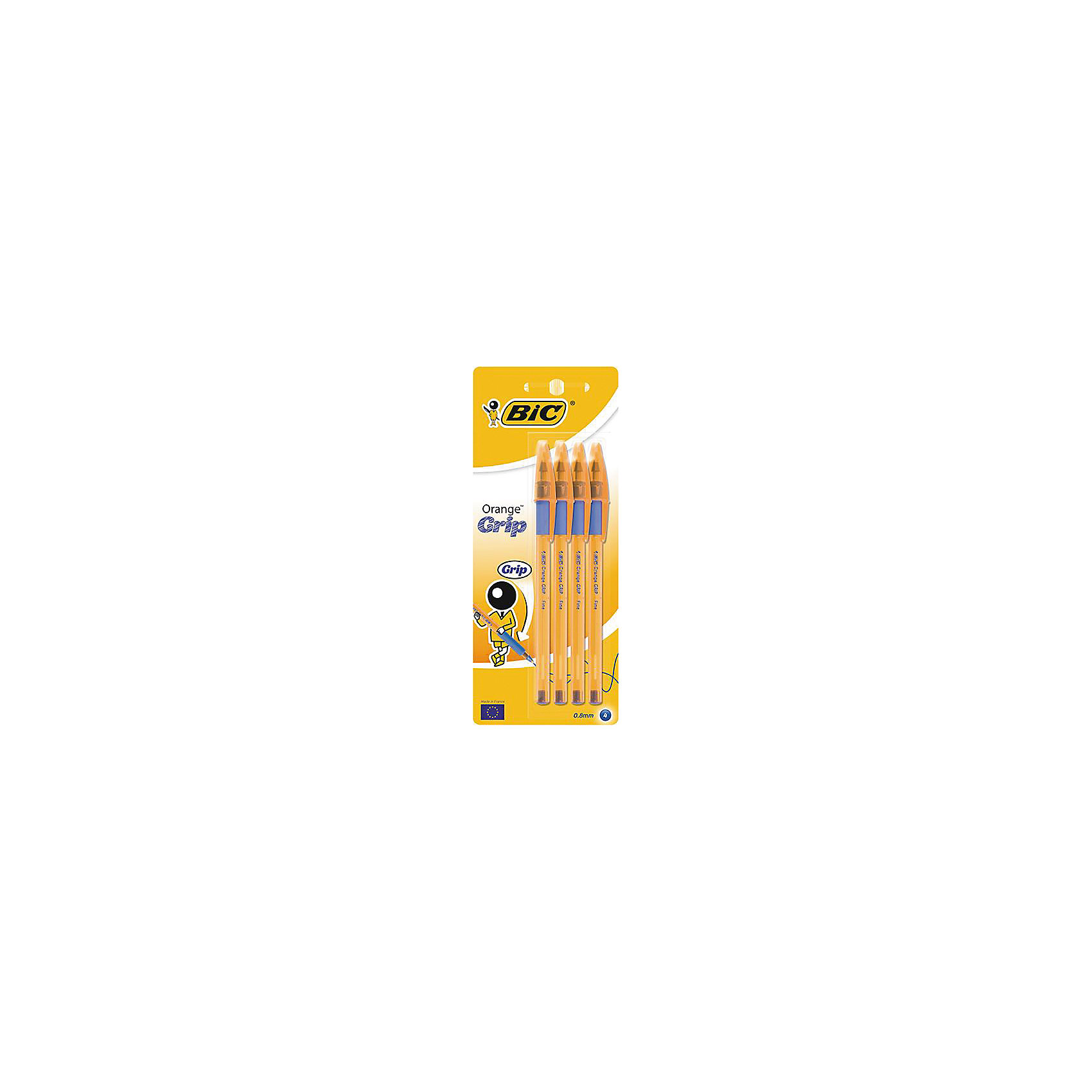 Набор синих шариковых ручек BIC Orange Grip, 4 шт. Набор синих шариковых ручек BIC Orange Grip, 4 шт.Письменные принадлежности<br>Набор синих шариковых ручек BIC Orange Grip, 4 шт.<br><br>Характеристики:<br><br>• Возраст: от 5 до 18 лет<br>• В наборе одноразовые шариковые ручки: 4 шт.<br>• Цвет чернил: синий<br>• Толщина линии: 0,35 мм.<br>• Корпус: пластиковый прозрачный, шестигранный<br>• Цвет корпуса: оранжевый<br>• Размер упаковки: 195х80х13 мм.<br><br>Одноразовая шариковая ручка BIC Cristal Orange пишет в 2 раза дольше, чем другие шариковые ручки. Мягкий резиновый грип препятствует скольжению пальцев. Пишущий узел с уменьшенным шариком гарантирует тонкую линию письма. Колпачок вентилируемый.<br><br>Набор синих шариковых ручек BIC Orange Grip, 4 шт. можно купить в нашем интернет-магазине.<br><br>Ширина мм: 18<br>Глубина мм: 80<br>Высота мм: 197<br>Вес г: 32<br>Возраст от месяцев: 60<br>Возраст до месяцев: 2147483647<br>Пол: Унисекс<br>Возраст: Детский<br>SKU: 5530018