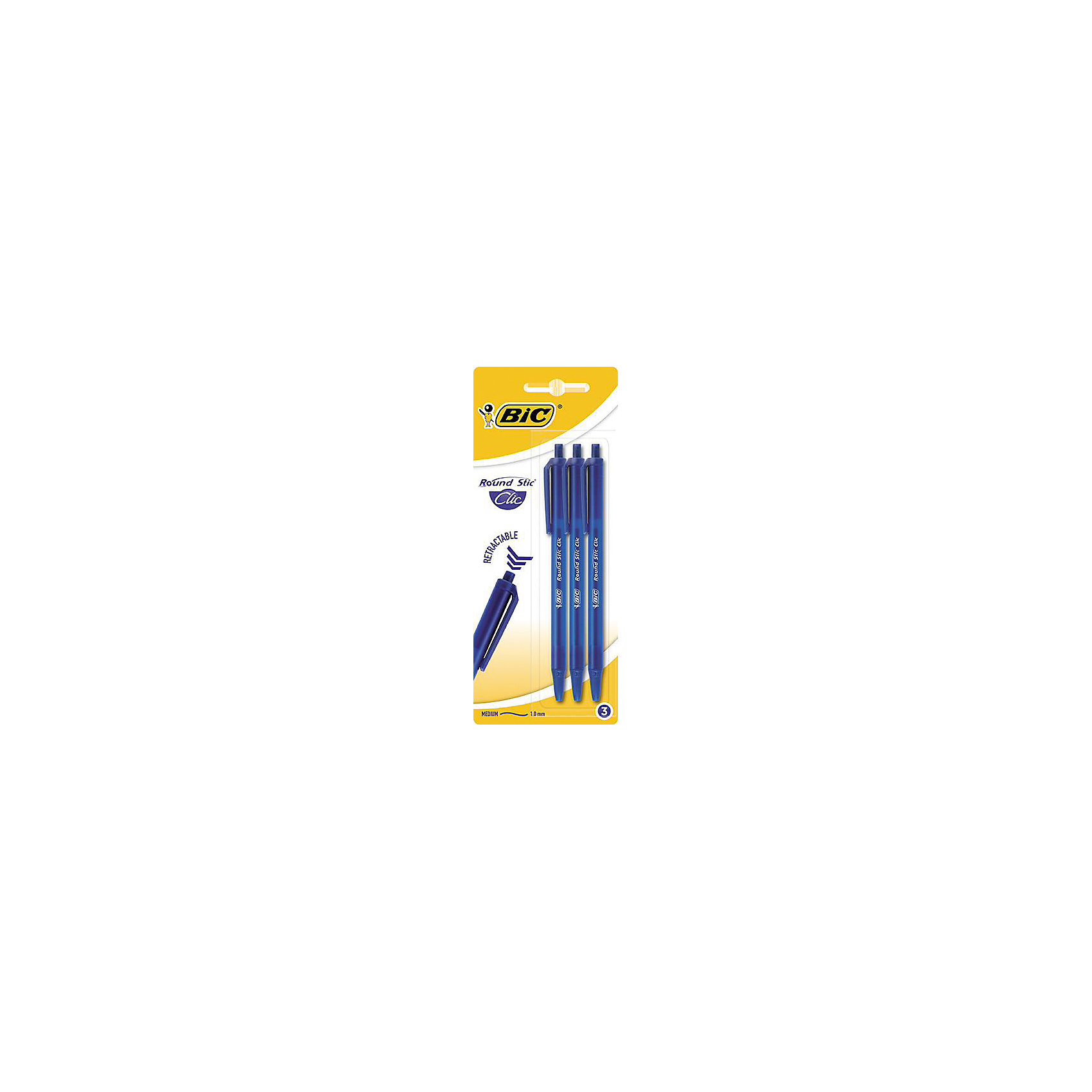 Набор синих шариковых ручек BIC Round Stick Click, 3 шт. Набор синих шариковых ручек BIC Round Stick Click, 3 шт.Письменные принадлежности<br>Набор синих шариковых ручек BIC Round Stick Click, 3 шт.<br><br>Характеристики:<br><br>• Возраст: от 5 лет<br>• В наборе автоматические шариковые ручки: 3 шт.<br>• Цвет чернил: синий<br>• Средняя толщина линии: 0,32 мм.<br>• Материал корпуса: пластик<br>• Цвет корпуса: синий<br>• Размер упаковки: 20х7х2 см.<br><br>Автоматические шариковые ручки Round Stic Clic станут незаменимым атрибутом в учебе любого школьника и на работе. Ручки имеют специальный вентилирующий колпачок, пишущий узел с уменьшенным шариком, обеспечивающий комфорт при письме. Ручки не текут и не пачкают. Корпус ручек утонченный.<br><br>Набор синих шариковых ручек BIC Round Stick Click, 3 шт. можно купить в нашем интернет-магазине.<br><br>Ширина мм: 18<br>Глубина мм: 80<br>Высота мм: 197<br>Вес г: 15<br>Возраст от месяцев: 60<br>Возраст до месяцев: 2147483647<br>Пол: Унисекс<br>Возраст: Детский<br>SKU: 5530019