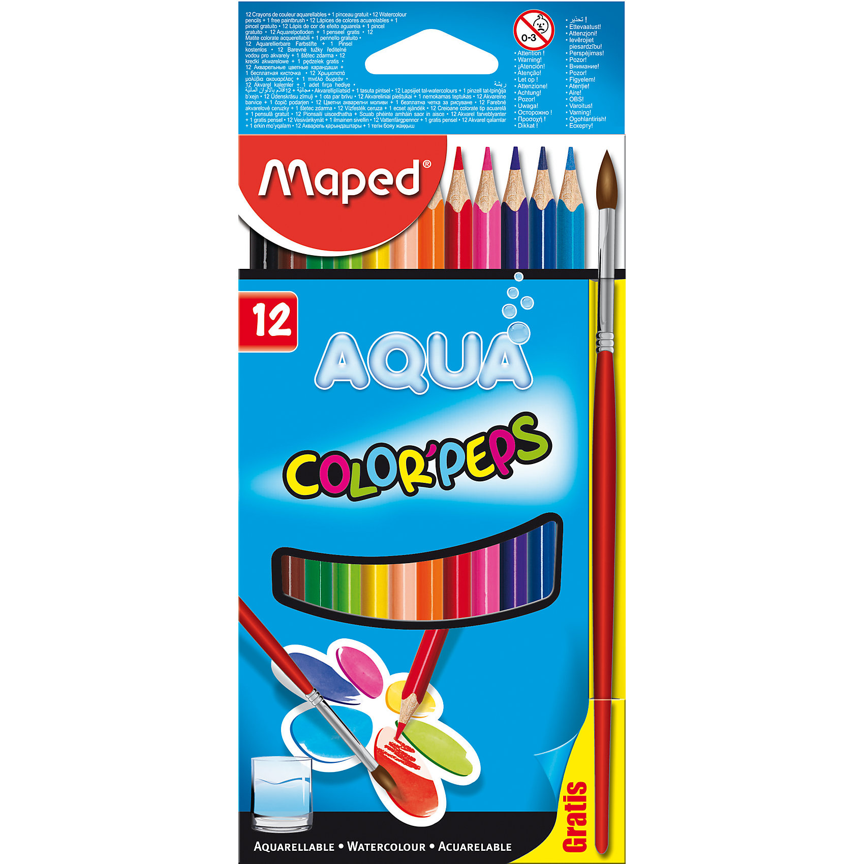 Карандаши акварель COLOR PEPS AQUA, 12 цветов, MAPED Карандаши акварель COLOR PEPS AQUA, 12 цветов, MAPEDПисьменные принадлежности<br>Карандаши акварель COLOR PEPS AQUA, 12 цветов, MAPED (МАПЕД).<br><br>Характеристики:<br><br>• Для детей в возрасте: от 3 лет<br>• В наборе: 12 акварельных карандашей, кисть для рисования<br>• Количество цветов: 12<br>• Длина карандаша: 17,5 см.<br>• Диаметр карандаша: 7 мм.<br>• Диаметр грифеля: 2,9 мм.<br>• Изготовлены из древесины американской липы<br>• Упаковка: картонный блистер<br>• Размер упаковки: 203х95х8 мм.<br>• Вес: 74 гр.<br><br>Набор акварельных карандашей Aqua Color Peps идеален для рисования и раскрашивания. В наборе 12 акварельных карандашей, ярких насыщенных цветов и кисточка. Карандашами можно рисовать как обычными цветными, а для создания эффекта акварели, необходимо провести мокрой кисточкой по рисунку. Карандаши имеют мягкий, ударопрочный грифель. Эргономичная треугольная форма позволяет легко и удобно держать карандаш в руке даже самым маленьким. Карандаши не трескаются и легко затачиваются. Корпус карандашей изготовлен из древесины американской липы.<br><br>Карандаши акварель COLOR PEPS AQUA, 12 цветов, MAPED (МАПЕД) можно купить в нашем интернет-магазине.<br><br>Ширина мм: 206<br>Глубина мм: 93<br>Высота мм: 70<br>Вес г: 87<br>Возраст от месяцев: 36<br>Возраст до месяцев: 2147483647<br>Пол: Унисекс<br>Возраст: Детский<br>SKU: 5530025