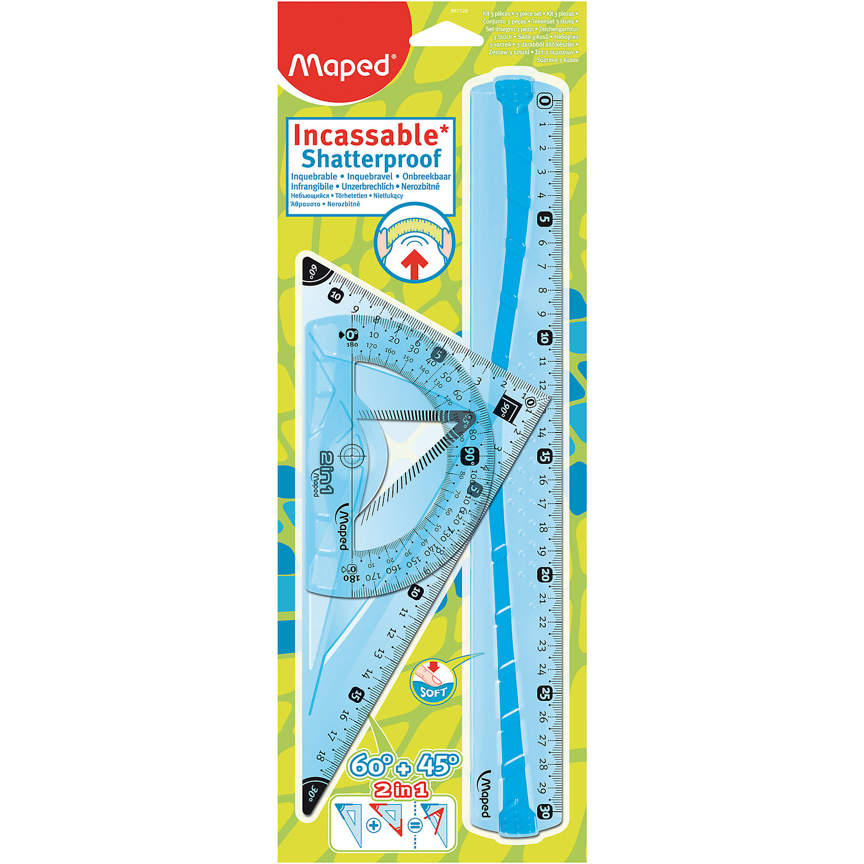 Набор Maped Flex Набор Maped FlexЧертежные принадлежности<br>Набор Maped Flex.<br><br>Характеристики:<br><br>• Для детей в возрасте: от 6 лет<br>• В наборе: линейка 30 см, угольник 2 в 1 с углами 60°/45° 21 см, транспортир с держателем 180°/12 см.<br>• Материал: пластик<br><br>Набор неломающихся чертежных инструментов Flex, от MAPED (МАПЕД), выполненный из цветного прозрачного пластика, содержит все, что может понадобиться ученику на уроках математики. Чертежные инструменты разработаны с учетом всех потребностей ребенка. Все чертежные инструменты устойчивы к ударам и изгибам. Разметка шкалы нанесена на внутреннюю поверхность чертежных принадлежностей, что предотвращает ее истирание. Шкала легкочитаемая, предусмотрено наглядное указание отметки «0» и наглядные индикаторы каждые 5 см. На линейке имеется нескользящая резиновая вставка.<br><br>Набор Maped Flex можно купить в нашем интернет-магазине.<br><br>Ширина мм: 363<br>Глубина мм: 130<br>Высота мм: 10<br>Вес г: 130<br>Возраст от месяцев: 72<br>Возраст до месяцев: 2147483647<br>Пол: Унисекс<br>Возраст: Детский<br>SKU: 5530050