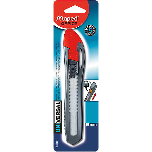 Нож канцелярский Maped Universal Plastic, 8мм. Нож канцелярский Maped Universal Plastic, 8мм.Школьные аксессуары<br>Нож канцелярский Maped Universal Plastic, 8мм.<br><br>Характеристики:<br><br>• Ширина лезвия: 18 мм.<br>• Материал корпуса: пластик<br>• Металлический механизм<br>• Ручная фиксация лезвия<br>• Фиксатор лезвия<br>• Гарантия: 5 лет<br><br>Канцелярский нож Universal Plastic в пластиковом корпусе предназначен для резки бумаги, картона, ткани и других материалов. Эргономичный дизайн корпуса создает дополнительное удобство и безопасность использования. Стальное многосекционное лезвие выдвигается и фиксируется с помощью фиксатора.<br><br>Нож канцелярский Maped Universal Plastic, 8мм. можно купить в нашем интернет-магазине.<br><br>Ширина мм: 220<br>Глубина мм: 65<br>Высота мм: 18<br>Вес г: 43<br>Возраст от месяцев: 72<br>Возраст до месяцев: 2147483647<br>Пол: Унисекс<br>Возраст: Детский<br>SKU: 5530052