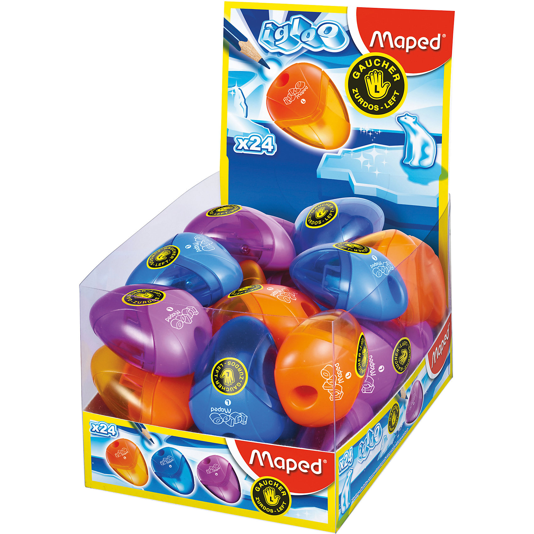Точилка пластиковая I-GLOO, цвет в ассортименте, MAPED Точилка пластиковая I-GLOO, цвет в ассортименте, MAPEDТовары для левшей<br>Точилка пластиковая I-GLOO, MAPED (МАПЕД).<br><br>Характеристики:<br><br>• Для детей в возрасте: от 6 лет<br>• Для левшей<br>• В наборе: 1 точилка<br>• Материал корпуса: пластик<br>• Размер: 5,5 x 4 x 1,5 см.<br>• ВНИМАНИЕ! Данный артикул представлен в различном цветовом исполнении. К сожалению, заранее выбрать определенный вариант невозможно. При заказе нескольких точилок возможно получение одинаковых<br><br>Точилка I-GLOO с 1 отверстием для левшей выполнена из ударопрочного пластика. Острое металлическое лезвие обеспечивает качественную и точную заточку. Полупрозрачный контейнер для сбора стружки позволяет визуально контролировать уровень заполнения и вовремя производить очистку.<br><br>Точилку пластиковую I-GLOO, MAPED (МАПЕД) можно купить в нашем интернет-магазине.<br><br>Ширина мм: 48<br>Глубина мм: 37<br>Высота мм: 240<br>Вес г: 11<br>Возраст от месяцев: 72<br>Возраст до месяцев: 2147483647<br>Пол: Унисекс<br>Возраст: Детский<br>SKU: 5530060