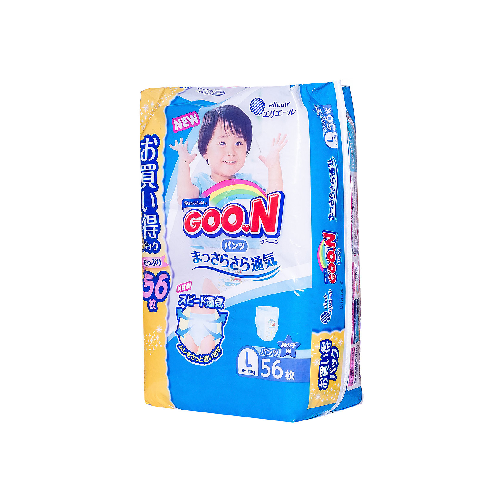 Подгузники-трусики для девочек ULTRA JUMBO PACK, L 9-14 кг., 56 шт., Goon Подгузники-трусики для девочек ULTRA JUMBO PACK, L 9-14 кг., 56 шт., GoonТрусики-подгузники<br>Подгузники-трусики для девочек GOON ULTRA JUMBO PACK, 9-14 кг., 56 шт., L*3, Goon (Гун)<br><br>Характеристики:<br><br>• соответствуют анатомическим особенностям девочек<br>• мягкая поверхность<br>• не протекают<br>• дышащая поверхность внутренней и внешней сторон<br>• не сковывают движений ребенка<br>• легко надевать и снимать<br>• индикатор наполнения<br>• количество в упаковке: 56 шт.<br>• размер: 9-14 кг<br>• размер упаковки: 16,4х26х38,6 см<br>• вес: 1,87 кг<br><br>Подгузники-трусики выполнены с учетом анатомических особенностей девочек. Впитывающий слой имеет усиление в центре, что защищает трусики от протекания. Мягкая поверхность не вызывает раздражения на нежной коже ребенка. Внутренняя и внешняя сторона подгузников имеет дышащую поверхность, препятствующую возникновению опрелостей. Тонкие и воздушные подгузники не сковывают движений ребенка, позволяя двигаться активно. Трусики легко снимать, надевать и утилизировать. Специальный индикатор наполнения, расположенный по поверхности изделия, напомнит вам о необходимости смены подгузника.<br><br>Подгузники-трусики для девочек GOON ULTRA JUMBO PACK, 9-14 кг., 56 шт., L*3, Goon (Гун) можно купить в нашем интернет-магазине.<br><br>Ширина мм: 386<br>Глубина мм: 260<br>Высота мм: 164<br>Вес г: 1870<br>Возраст от месяцев: 12<br>Возраст до месяцев: 14<br>Пол: Женский<br>Возраст: Детский<br>SKU: 5540889