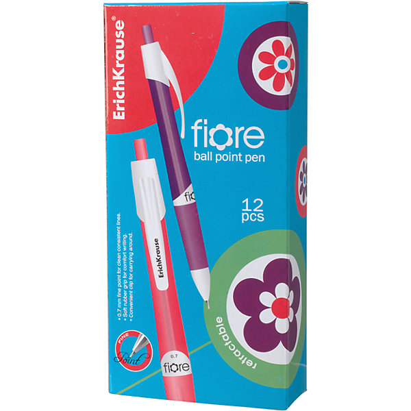 Ручка шариковая автоматическая FIORE, 12 шт., Erich Krause Ручка шариковая автоматическая FIORE, 12 шт., Erich KrauseПисьменные принадлежности<br>Ручка шариковая автоматическая FIORE, 12 шт., Erich Krause.<br><br>Характеристики:<br><br>• Количество: 12 шт.<br>• Материал: пластик<br>• Цвет корпуса: ассорти (красный, зеленый, синий, сиреневый)<br>• Сменный стержень<br>• Рекомендуется использовать стержень Erich Krause<br>• Длина стержня: 10,7 см.<br>• Пишущий узел: 0,7 мм.<br>• Цвет чернил: синий<br><br>Автоматическая шариковая ручка из полупрозрачного пластика обеспечивает чистое и четкое письмо, а мягкий резиновый грип увеличенного размера препятствует скольжению пальцев при письме и позволяет ручке удобнее лежать в руке. Ручка имеет держатель для кармана или документов.<br><br>Ручку шариковую автоматическую FIORE, 12 шт., Erich Krause можно купить в нашем интернет-магазине.<br><br>Ширина мм: 70<br>Глубина мм: 155<br>Высота мм: 250<br>Вес г: 120<br>Возраст от месяцев: 84<br>Возраст до месяцев: 2147483647<br>Пол: Унисекс<br>Возраст: Детский<br>SKU: 5543283