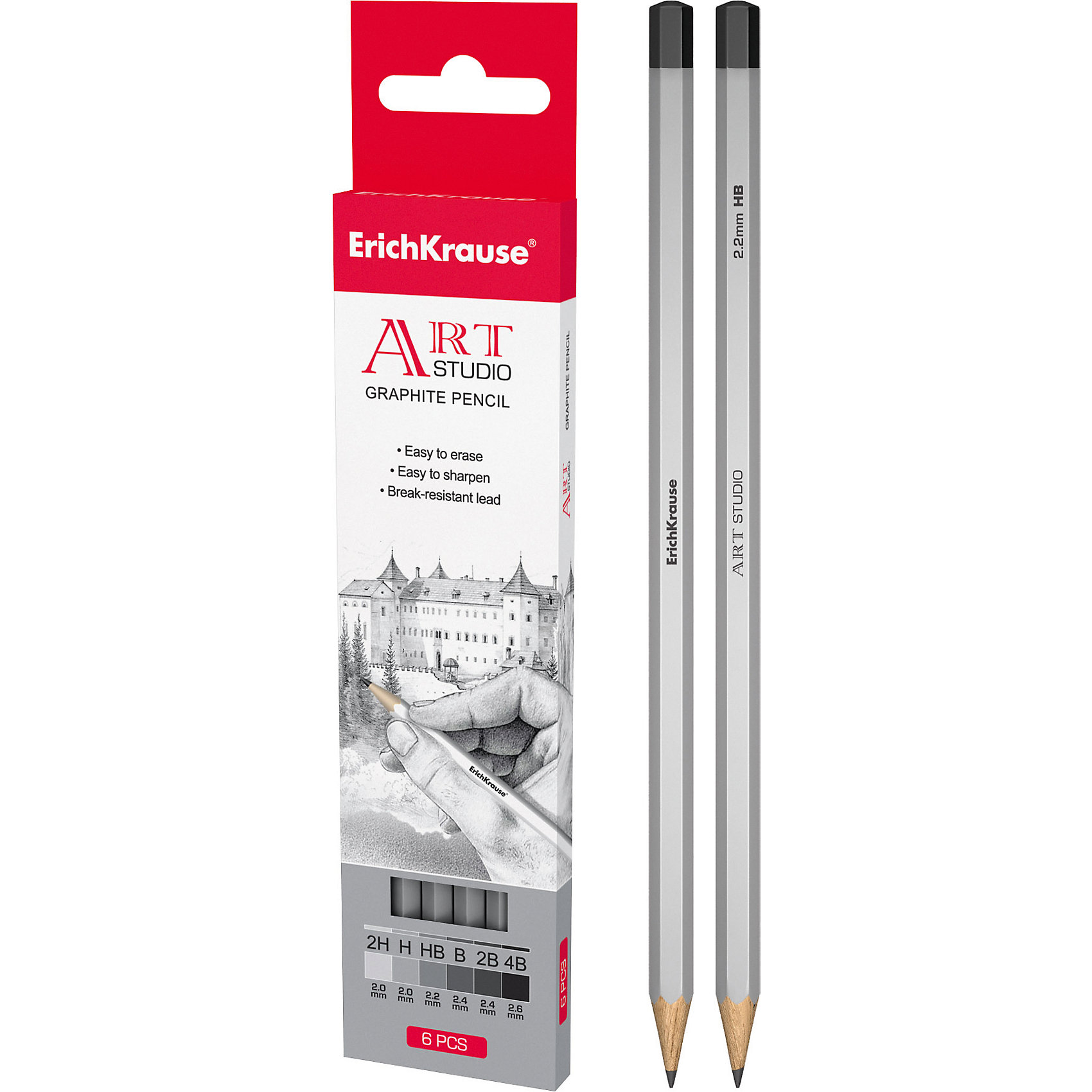 Чернографитный карандаш ART-STUDIO (2H,H,HB,B,2B,4B) шестигранный, 6 шт., Erich Krause Чернографитный карандаш ART-STUDIO (2H,H,HB,B,2B,4B) шестигранный, 6 шт., Erich KrauseПисьменные принадлежности<br>Чернографитный карандаш ART-STUDIO (2H,H,HB,B,2B,4B) шестигранный, 6 шт., Erich Krause.<br><br>Характеристики:<br><br>• Количество: 6 шт.<br>• Материал корпуса: древесина<br>• Твердость грифеля: 2H,H,HB,B,2B,4B<br>• Толщина грифеля: 2,0, 2,0, 2,2, 2,4, 2,4, 2,6 мм.<br>• Длина карандаша: 17 см.<br><br>Чернографитные карандаши Erich Krause ART-STUDIO - идеальный инструмент для письма, рисования и черчения. Шестигранный корпус выполнен из древесины. Высококачественный ударопрочный грифель не крошится и не ломается при заточке. В набор входят 6 чернографитных заточенных карандаша различной степени твердости. Торец карандашей заглушен.<br><br>Чернографитный карандаш ART-STUDIO (2H,H,HB,B,2B,4B) шестигранный, 6 шт., Erich Krause можно купить в нашем интернет-магазине.<br><br>Ширина мм: 45<br>Глубина мм: 220<br>Высота мм: 150<br>Вес г: 120<br>Возраст от месяцев: 84<br>Возраст до месяцев: 2147483647<br>Пол: Унисекс<br>Возраст: Детский<br>SKU: 5543308