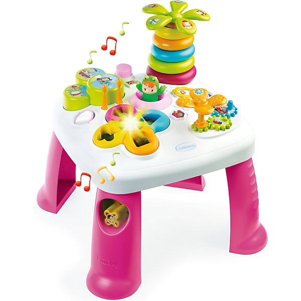 Развивающий игровой стол, розовый, Smoby Развивающий игровой стол, розовый, SmobyРазвивающие центры<br>Характеристики товара:<br><br>• возраст от 1 года<br>• материал: пластик<br>• в комплекте: стол, аксессуары<br>• электронный сортер со светом<br>• барабан с палочками<br>• пирамидка-пальма с крутящейся кроной<br>• в ножке стола отвестие для кубиков<br>• игровые шестерёнки<br>• зеркальце<br>• прыгающий при нажатии кнопки лягушонок<br>• размер столика 47х47х49 см<br>• размер упаковки 57,5х14,5х49 см<br>• страна бренда: Франция<br>• страна производитель: Франция<br><br>Развивающий игровой стол Smoby — увлекательная развивающая игрушка для малышей от 1 года. Она способствует развитию мелкой моторики рук, тактильного и зрительного восприятия, логического мышления. На столе расположены разнообразные цветные игрушки. Сортер и пирамидка в виде пальмы научат ребенка распознавать формы и различать цвета. Шестеренки развивают мелкую моторику рук. Барабан с палочками развивает музыкальный слух. <br><br>Игрушка оснащена световыми и звуковыми эффектами, делающими игру еще более интересной. Работает от 2 батареек LR44 (в комплекте). Столик изготовлен из качественного безвредного пластика. На столе нет острых углов, что исключает случайные травмы. Благодаря 4 устойчивым ножкам, стол хорошо и ровно стоит на поверхности и не падает.<br><br>Развивающий игровой стол Smoby можно приобрести в нашем интернет-магазине.<br><br>Ширина мм: 580<br>Глубина мм: 490<br>Высота мм: 150<br>Вес г: 2580<br>Возраст от месяцев: 12<br>Возраст до месяцев: 2147483647<br>Пол: Женский<br>Возраст: Детский<br>SKU: 5544433
