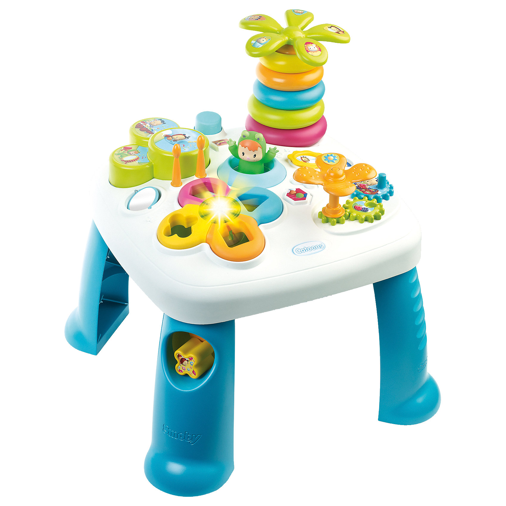Развивающий игровой стол, синий, Smoby Развивающий игровой стол, синий, SmobyРазвивающие игрушки<br>Характеристики товара:<br><br>• возраст от 1 года<br>• материал: пластик<br>• в комплекте: стол, аксессуары<br>• электронный сортер со светом<br>• барабан с палочками<br>• пирамидка-пальма с крутящейся кроной<br>• в ножке стола отвестие для кубиков<br>• игровые шестерёнки<br>• зеркальце<br>• прыгающий при нажатии кнопки лягушонок<br>• размер столика 47х47х49 см<br>• размер упаковки 57,5х14,5х49 см<br>• страна бренда: Франция<br>• страна производитель: Франция<br><br>Развивающий игровой стол Smoby — увлекательная развивающая игрушка для малышей от 1 года. Она способствует развитию мелкой моторики рук, тактильного и зрительного восприятия, логического мышления. На столе расположены разнообразные цветные игрушки. Сортер и пирамидка в виде пальмы научат ребенка распознавать формы и различать цвета. Шестеренки развивают мелкую моторику рук. Барабан с палочками развивает музыкальный слух. <br><br>Игрушка оснащена световыми и звуковыми эффектами, делающими игру еще более интересной. Работает от 2 батареек LR44 (в комплекте). Столик изготовлен из качественного безвредного пластика. На столе нет острых углов, что исключает случайные травмы. Благодаря 4 устойчивым ножкам, стол хорошо и ровно стоит на поверхности и не падает.<br><br>Развивающий игровой стол Smoby можно приобрести в нашем интернет-магазине.<br><br>Ширина мм: 580<br>Глубина мм: 490<br>Высота мм: 150<br>Вес г: 2580<br>Возраст от месяцев: 12<br>Возраст до месяцев: 2147483647<br>Пол: Мужской<br>Возраст: Детский<br>SKU: 5544434