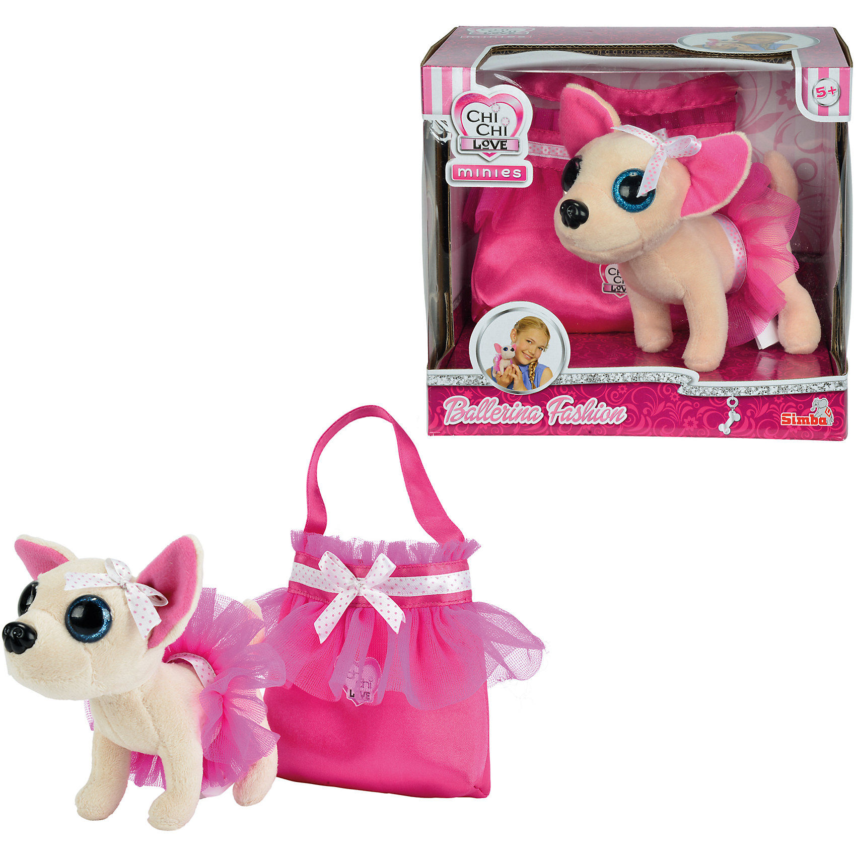 Мягкая игрушка с сумочкой Chi Chi Love - Чихуахуа в балетной пачке, 15 см, Simba Мягкая игрушка с сумочкой Chi Chi Love - Чихуахуа в балетной пачке, 15 см, SimbaКошки и собаки<br>Характеристики товара:<br><br>• возраст от 3 лет<br>• материал: пластик, плюш<br>• в комплекте: собачка, сумочка<br>• размер игрушки 15 см<br>• размер упаковки 20х19х16 см<br>• вес упаковки 410 гр.<br>• страна бренда: Германия<br>• страна производитель: Китай<br><br>Плюшевая собачка Чихуахуа в балетной пачке Simba станет верным домашним питомцем девочки. Собачка одета в балетную пачку, а на голове — маленький бантик из ленты. В комплекте сумочка для Чихуахуа, в которой девочка сможет брать своего питомца на прогулки или в гости к друзьям.<br><br>Плюшевую собачку Чихуахуа в балетной пачке Simba можно приобрести в нашем интернет-магазине.<br><br>Ширина мм: 200<br>Глубина мм: 190<br>Высота мм: 160<br>Вес г: 410<br>Возраст от месяцев: 36<br>Возраст до месяцев: 2147483647<br>Пол: Женский<br>Возраст: Детский<br>SKU: 5544438