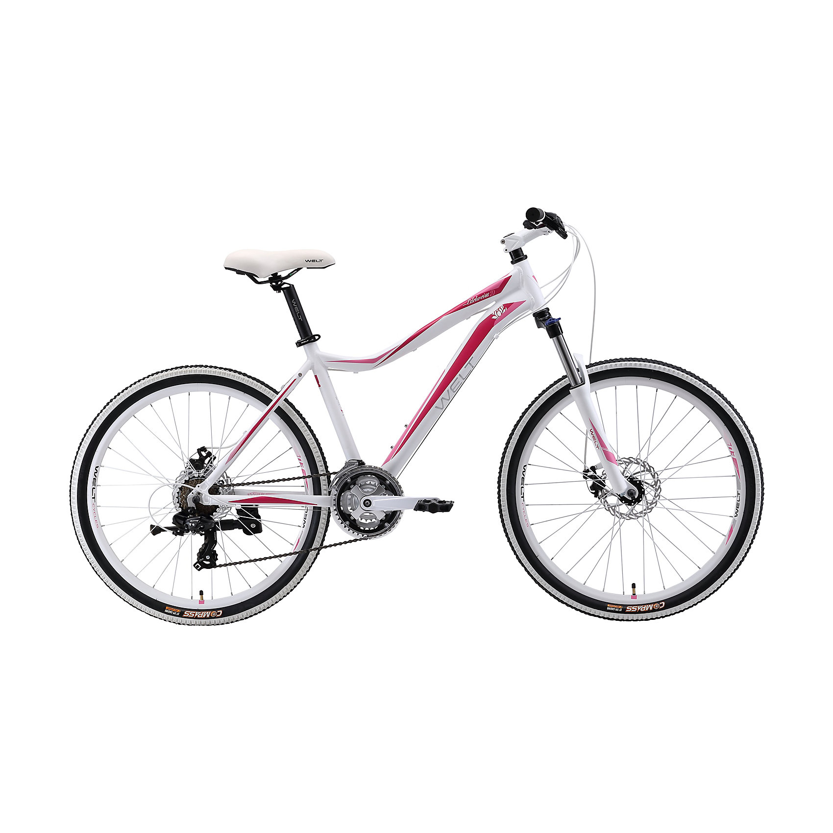 Велосипед Edelweiss 1.0 D, 17 дюймов, бело-розовый, Welt Велосипед Edelweiss 1.0 D, 17 дюймов, бело-розовый, WeltВелосипеды детские<br>Характеристики товара:<br><br>• цвет: белый, розовый<br>• рама: Alloy 6061 <br>• размер рамы: 16,20<br>• диаметр колес: 26<br>• кол-во скоростей: 21<br>• тип вилки: амортизационная<br>• вилка: WELT MRK MLO 100mm<br>• переключатель задний : Shimano TY-300<br>• переключатель передний: Shimano TZ-30<br>• шифтеры: Shimano EF-51<br>• тип тормозов: дисковые механические<br>• тормоза: JAK-5<br>• система: steel 42/34/24 <br>• кассета: Shimano HG20 12-28T<br>• тип рулевой колонки: 1-1/8 безрезьбовая<br>• покрышки: Compass 26 x 2,1 <br>• страна бренда: Германия <br><br>Велосипед Edelweiss 1.0 D -это модель, которая создана для кросс-кантри. Большие колеса, мягкая амортизация позволят преодолеть путь, проходящий по загородному бездорожью. <br><br>Велосипед Edelweiss 1.0 D, 17 дюймов, бело-розовый, Welt можно купить в нашем интернет-магазине.<br><br>Ширина мм: 1450<br>Глубина мм: 200<br>Высота мм: 800<br>Вес г: 16500<br>Возраст от месяцев: 168<br>Возраст до месяцев: 2147483647<br>Пол: Женский<br>Возраст: Детский<br>SKU: 5569415