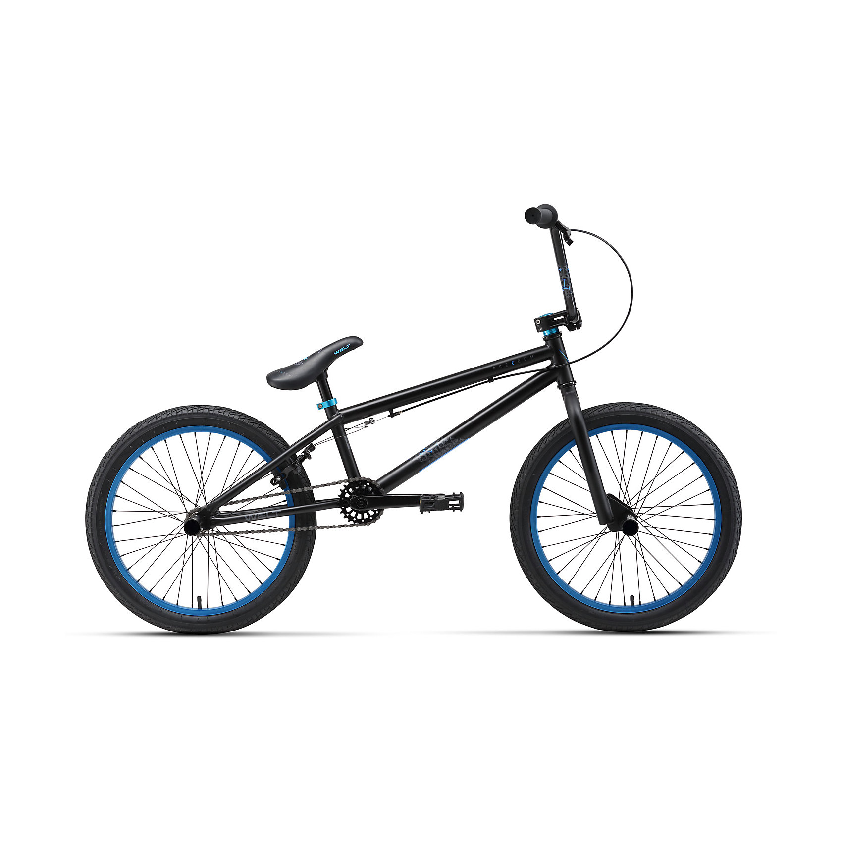 Велосипед BMX Freedom, черно-синий, Welt Велосипед BMX Freedom, черно-синий, WeltВелосипеды детские<br>Характеристики товара:<br><br>• цвет: черный, синий<br>• возраст: от 6 лет<br>• рама: Cr-Mo / Steel<br>• размер рамы, дюймы: Steel<br>• диаметр колес: 20<br>• кол-во скоростей: 1<br>• тип вилки: жесткая <br>• вилка: Rigid steel<br>• тип тормозов: U-brake<br>• тормоза: Apse U25D rear <br>• система: 3 pcs 25T<br>• каретка: US type BB<br>• кассета: 14T integrated<br>• тип рулевой колонки: 1-1/8 безрезьбовая<br>• вынос: Promax alloy A-head 55mm<br>• руль: 710x202mm steel<br>• ободья: Dino alloy <br>• покрышки: Wanda J-1023 20x2,125<br>• втулки: KT Quando 36H<br>• подседельный штырь: steel one bolt type<br>• цепь: KMC Z-410<br>• вес 17,3 кг<br>• страна бренда: Германия<br><br>Велосипед ВМХ начального уровня с продуманной геометрией, 3-х компонентными шатунами и комплектующими. Идеальный вариант первого велосипеда для обучения техническим элементам, рама которого в будущем послужит хорошей базой для апгрейда. <br><br>Подходит для катания начиная с 6-летнего возраста. В комплект входят 2 пеги, которые устанавливаются на левую или правую сторону велосипеда в зависимости от того, какой стороной райдер будет запрыгивать на грани и рейлы. <br><br>Также велосипед оснащен широкими алюминиевыми педалями топталками. Велосипед оборудован задним ободным тормозом. Обратите внимание, что в современных ВМХ велосипедах для фристайла гиророторы для проводки тормозных тросов не используются.<br><br>Велосипед BMX Freedom, черно-синий, Welt можно купить в нашем интернет-магазине.<br><br>Ширина мм: 1450<br>Глубина мм: 200<br>Высота мм: 800<br>Вес г: 16500<br>Возраст от месяцев: 48<br>Возраст до месяцев: 2147483647<br>Пол: Унисекс<br>Возраст: Детский<br>SKU: 5569420
