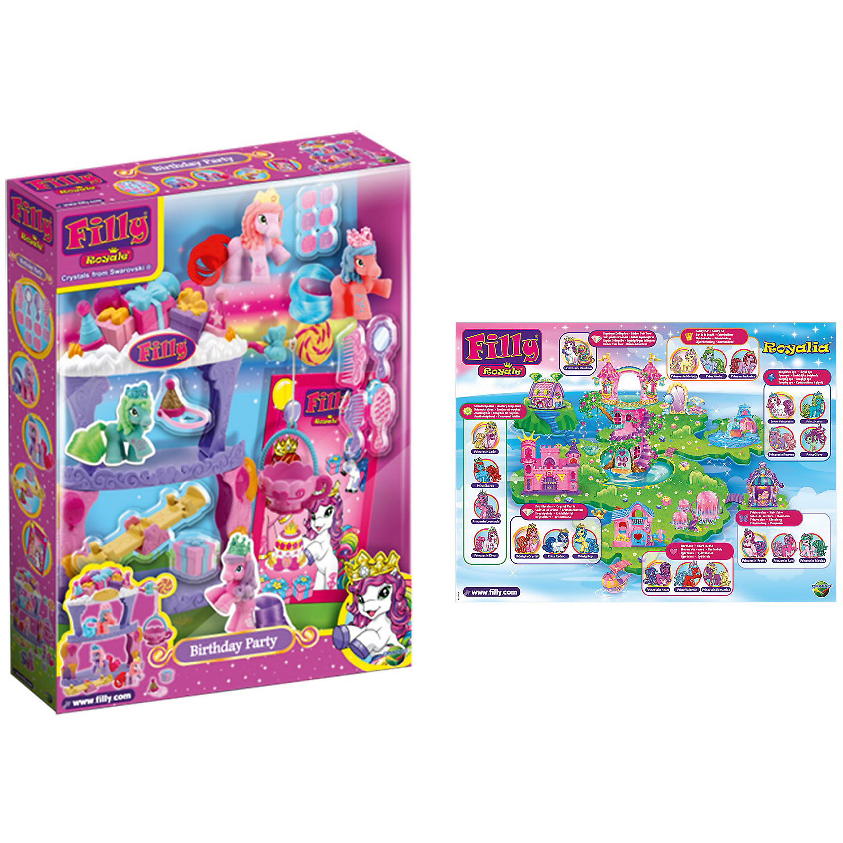 Игровой набор Королевские Filly «День рождения», Dracco Игровой набор Королевские Filly «День рождения», DraccoИдеи подарков<br>Характеристики товара:<br><br>• возраст от 3 лет;<br>• материал: пластик;<br>• в наборе: лошадка, качели, расчески, подарочные коробочки;<br>• размер упаковки 26,5х36,5х5,6 см;<br>• вес упаковки 500 гр.;<br>• страна производитель Китай.<br><br>Игровой набор «Королевские Filly. День рождения» Dracco создан по мотивам известного мультфильма про лошадок Филли и обязательно понравится его поклоннице. У лошадки Филли день рождения, поэтому ее ждут очаровательные подарки на ее праздник. Весело провести время лошадка может, катаясь на качелях. У лошадки пышный хвостик, который можно расчесывать и заплетать.<br><br>Игровой набор «Королевские Filly. День рождения» Dracco можно приобрести в нашем интернет-магазине.<br><br>Ширина мм: 265<br>Глубина мм: 56<br>Высота мм: 365<br>Вес г: 500<br>Возраст от месяцев: 36<br>Возраст до месяцев: 2147483647<br>Пол: Женский<br>Возраст: Детский<br>SKU: 5578427