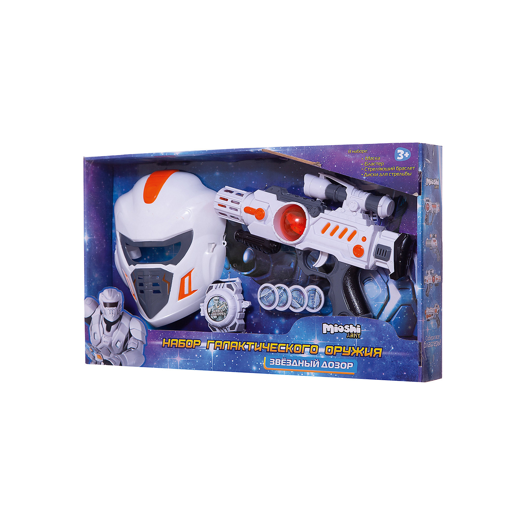 Игровой набор Звёздный дозор, Mioshi Army Игровой набор Звёздный дозор, Mioshi ArmyБластеры, пистолеты и прочее<br>Характеристики товара:<br><br>• возраст от 3 лет;<br>• материал: пластик;<br>• в комплекте: маска, бластер, стреляющий браслет, диски;<br>• работает от 3 батареек АА (в комплект не входят);<br>• размер упаковки 50х28х6,2 см;<br>• вес упаковки 437 гр.;<br>• страна производитель: Китай.<br><br>Игровой набор «Звездный дозор» Mioshi Army позволит мальчишкам отправится в космические приключения и устроить захватывающие сражения. Бластер оснащен световыми и звуковыми эффектами, которые делают игру еще увлекательней. Браслет стреляет специальными дисками. Игрушка изготовлена из качественных материалов и безопасна для детей.<br><br>Игровой набор «Звездный дозор» Mioshi Army можно приобрести в нашем интернет-магазине.<br><br>Ширина мм: 500<br>Глубина мм: 280<br>Высота мм: 62<br>Вес г: 437<br>Возраст от месяцев: 36<br>Возраст до месяцев: 72<br>Пол: Мужской<br>Возраст: Детский<br>SKU: 5581233