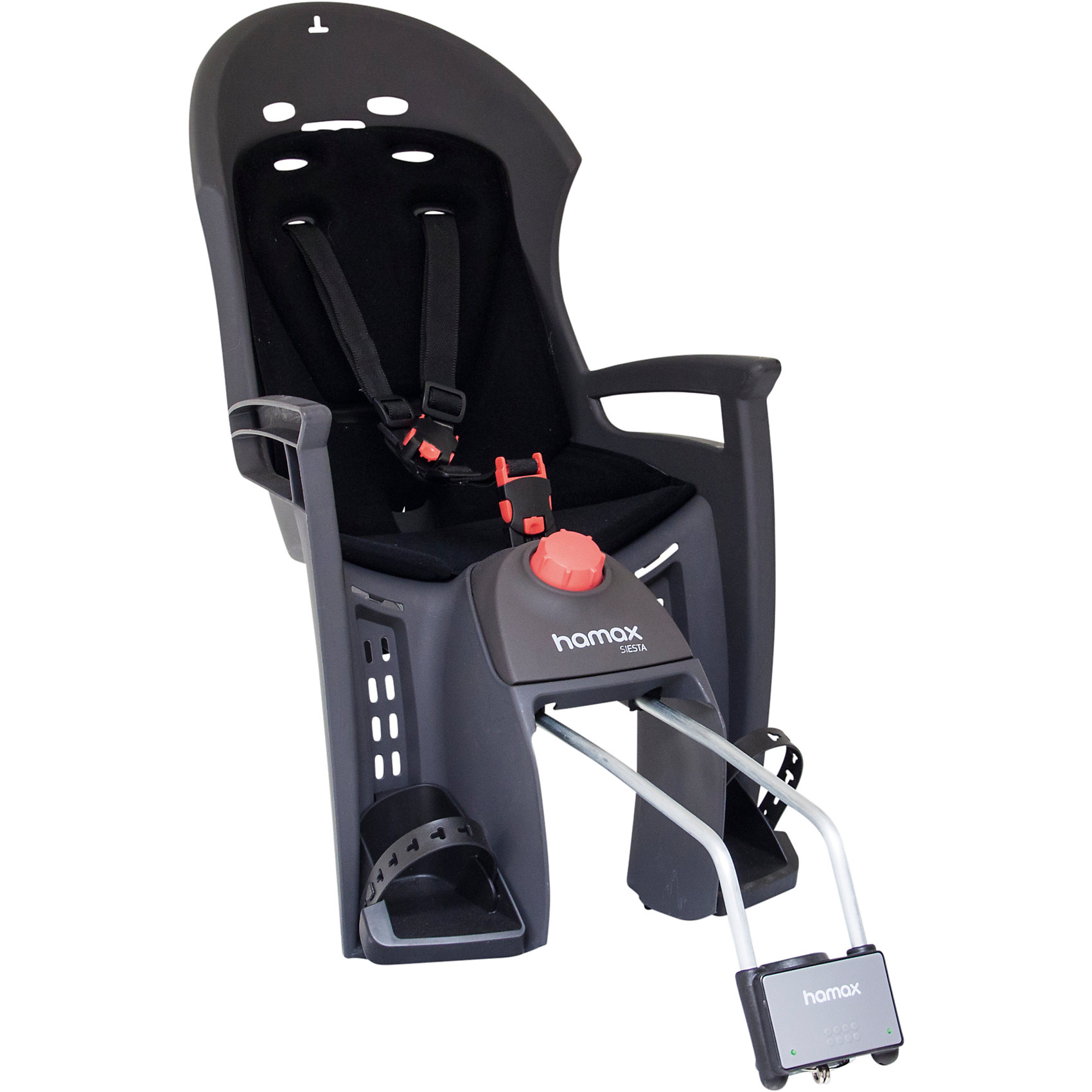Детское велокресло Siesta W/lockable Bracket, Hamax, серый/черный Детское велокресло Siesta W/lockable Bracket, Hamax, серый/черныйАксеcсуары для велосипедов<br>Характеристики товара:<br><br>• цвет: серый, черный<br>• регулировка наклона спинки-спальной позиции (20°)<br>• запираемый кронштейн крепления<br>• 3-точечные ремни безопасности <br>• фиксация ремней для предотвращения саморастегвания ребенком<br>• можно установить на любом велосипеде как с багажником, так и без<br>• возраст: от 9 месяцев и весом до 22 кг.<br>• регулируемый ремень безопасности и подножки<br>• подходит для рамы велосипеда диаметром от 28 до 40 мм<br>• материал: полипропилен, текстиль, металл<br>• страна бренда: Польша<br>• вес: 4290гр<br>• размер: 38х84х30см<br><br>Отличительные особенности Hamax Siesta : функция регулировки угла наклона для комфортного отдыха и сна ребенка и замок фиксации кресла на велосипеде.<br><br>Дополнительные мягкие пряжки для фиксации ребенка в кресле очень легкие и комфортные, но при этом обеспечивают надежную фиксацию ребенка в велокресле, позволяя при необходимости совершать резкие маневры и торможения. <br><br>Эргономика велокресла расчитанна так что спинка кресла не будет мешать голове ребенка в моменты когда он хочет откинуться назад кресла в шлеме.<br><br>Все детские велосиденья Hamax растут вместе с ребенком! Регулируются ремень безопасности и подножки.<br><br>Hamax рекомендует, что ребенок должен всегда носить шлем при использовании детского сиденья.<br><br>Детское велокресло Siesta W/lockable Bracket, Hamax, серый/черный можно купить в нашем интернет-магазине.<br><br>Ширина мм: 380<br>Глубина мм: 840<br>Высота мм: 300<br>Вес г: 4290<br>Возраст от месяцев: 9<br>Возраст до месяцев: 48<br>Пол: Унисекс<br>Возраст: Детский<br>SKU: 5582605