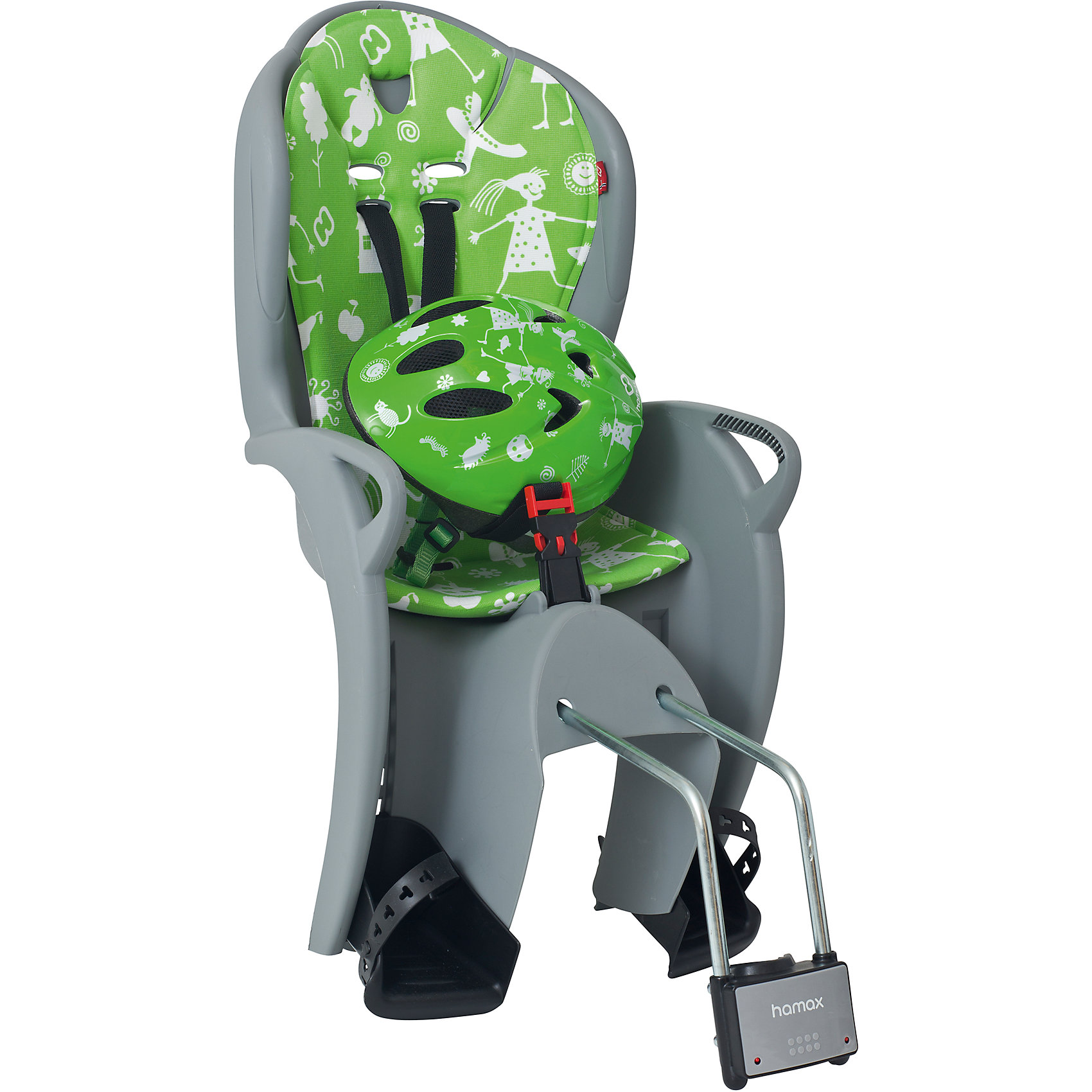 Детское велокресло Kiss Safety Package, Hamax, серый/зеленый Детское велокресло Kiss Safety Package, Hamax, серый/зеленыйАксеcсуары для велосипедов<br>Характеристики товара:<br><br>• цвет: серый, зеленый<br>• комплект: велокресло, шлем (р48-52 см)<br>• конструкция пряжек ремней безопасности/фиксации для предотвращения <br>саморастегивания<br>• возможность установить на любом велосипеде как с багажником, так и без<br>• возраст: старше 9 месяцев и весом до 22 кг.<br>• регулируемый ремень безопасности и подножки.<br>• несущие дуги крепления велокресла обеспечивают отличную амортизацию<br>• подходит для подседельных труб рамы диаметром 28-40мм. (круглые и овальные)<br>• система крепления велокресла не мешает тросам переключения передач<br>• велокресло сертифицировано по: T?V / GS EN14344<br>• размеры 39х80х41см<br>• вес: 4,6кг<br>• материал: пластик, текстиль<br>• страна бренда: Польша<br><br>Эргономика велокресла Kiss Safety Package, Hamax расчитанна так что спинка кресла не будет мешать голове ребенка в моменты когда он хочет откинуться назад кресла в шлеме.<br><br>Механизмы регулировки застежек позволяют комфортно отрегулировать их вместе с ростом ребенка.<br><br>Все детские велосиденья Hamax растут вместе с ребенком! Регулируются и ремень безопасности и подножки.<br><br>Приобретая дополнительный кронштейн, вы можете легко переставлять детское сиденье с одного велосипеда на другой. <br><br>Hamax рекомендует, что ребенок должен всегда носить шлем при использовании детского сиденья.<br><br>Детское велокресло Kiss Safety Package, Hamax, серый/зеленый можно купить в нашем интернет-магазине.<br><br>Ширина мм: 380<br>Глубина мм: 790<br>Высота мм: 350<br>Вес г: 3700<br>Возраст от месяцев: 9<br>Возраст до месяцев: 48<br>Пол: Унисекс<br>Возраст: Детский<br>SKU: 5582633