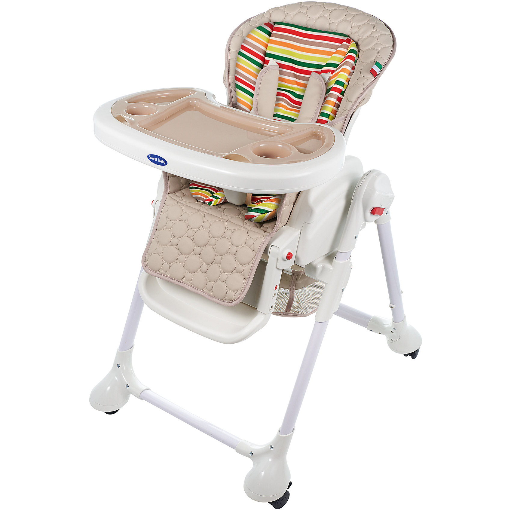 Стульчик для кормления Luxor Strip, Sweet Baby, Beige Стульчик для кормления Luxor Strip, Sweet Baby, Beigeот рождения<br>Характеристика товара:<br><br>• цвет: Beige (бежевый)<br>• используется в качестве стульчика для кормления или шезлонга для сна<br>• наклон спинки регулируется, устанавливается в горизонтальное положение<br>• регулируемая по высоте спинка (5 уровней)<br>• угол наклона спинки регулируется (3 положения)<br>• регулируемая длина подножки (3 уровня)<br>• чехол из экокожи<br>• яркий вкладыш из мягкой гипоаллергенной ткани (снимается)<br>• сетчато-текстильная корзина для аксессуаров<br>• 5-точечные ремни безопасности с надежным замком и мягкими накладками<br>• 3 позиции глубины и высоты подноса<br>• съемная верхняя накладка на поднос и 2 углубления для посуды<br>• 4 колеса со стоперами<br>• компактные размеры и устойчивость в сложенном виде<br>• возраст: от 0 месяцев<br>• материал рамы: металл, пластик<br>• страна производства: Китай<br>• вес: 15 кг<br>• размер упаковки: 91х30х65 см<br><br>Стульчик для кормления Sweet Baby Luxor Strip входит в лимитированную эксклюзивную серию Strip, которая выпускается ограниченным тиражом.<br><br>Компактный стульчик для кормления теперь может быть и кроваткой – Вы сможете заняться любым делом, параллельно убаюкивая своего малыша.<br><br>Стульчик легко перемещается, а это значит, что Вы сможете убаюкать крошку там, где Вам удобно.<br><br>Стульчик для кормления Luxor Strip, Sweet Baby, Beige можно купить в нашем интернет-магазине.<br><br>Ширина мм: 640<br>Глубина мм: 910<br>Высота мм: 300<br>Вес г: 17400<br>Возраст от месяцев: 0<br>Возраст до месяцев: 36<br>Пол: Унисекс<br>Возраст: Детский<br>SKU: 5583539