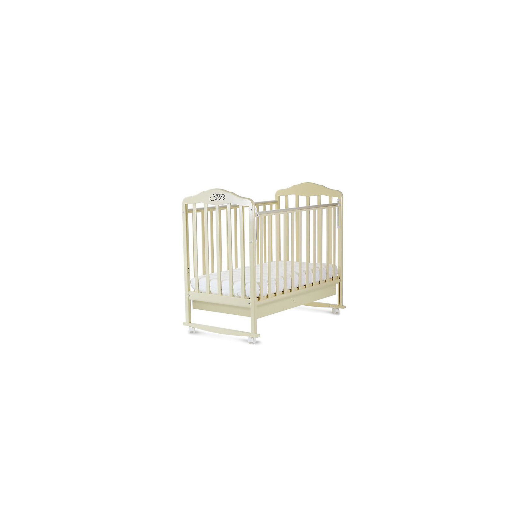 Кроватка Paolo Avorio, Sweet Baby, слоновая кость Кроватка Paolo Avorio, Sweet Baby, слоновая костьКроватки<br>Характеристики товара:<br><br>• цвет: слоновая кость<br>• материал: массив дерева/ЛДСП<br>• полозья для качания<br>• съёмные колеса со стопором<br>• опускаемая боковина с механизмом опускания «кнопка»<br>• вместительный ящик для белья<br>• ПВХ-накладки на боковинах<br>• размер спального места: 120х60 см<br>• 2 уровня ложа<br>• размер (ШхДхВ): 72х125х112 см<br><br>Кроватку Sweet Baby Paolo с комплектацией колёсо/качалка можно использовать в одном из 2-х вариантов – на качалке или прикрутить колёсики.<br><br>Округлые формы деталей не позволят Вашему малышу удариться, а передняя стенка особенно надежна и долговечна благодаря тому, что подвижна только верхняя планка.<br><br>Два уровня ложа позволяют менять глубину кроватки по мере роста малыша, опускаемая планка поможет без труда дотянуться до малыша в кроватке.<br><br>Расстояние между рейками не дает возможность ребенку застрять между ними во время сна.<br><br>Кроватки для новорожденных SweetBaby обрабатываются нетоксичными лаками и красками, абсолютно безвредными для ребенка.<br><br>Кроватку Paolo Avorio, Sweet Baby можно купить в нашем интернет-магазине.<br><br>Ширина мм: 710<br>Глубина мм: 150<br>Высота мм: 1240<br>Вес г: 20000<br>Возраст от месяцев: 0<br>Возраст до месяцев: 36<br>Пол: Унисекс<br>Возраст: Детский<br>SKU: 5583572