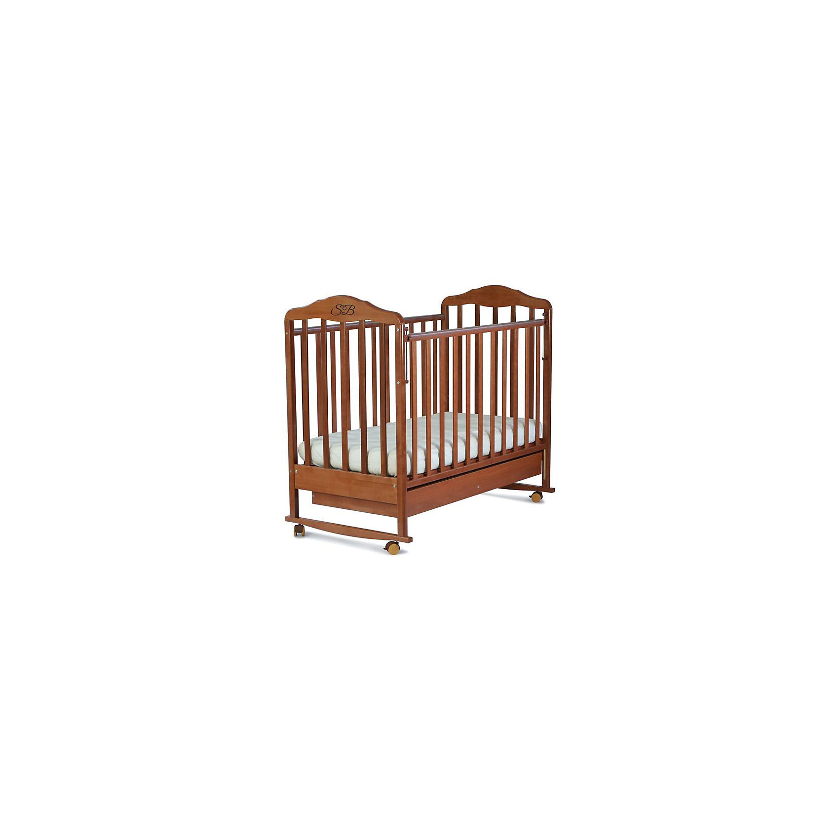 Кроватка Paolo Noce, Sweet Baby, орех Кроватка Paolo Noce, Sweet Baby, орехКроватки<br>Характеристики товара:<br><br>• цвет: орех<br>• материал: массив дерева/ЛДСП<br>• полозья для качания<br>• съёмные колеса со стопором<br>• опускаемая боковина с механизмом опускания «кнопка»<br>• вместительный ящик для белья<br>• ПВХ-накладки на боковинах<br>• размер спального места: 120х60 см<br>• 2 уровня ложа<br>• размер (ШхДхВ): 72х125х112 см<br><br>Кроватку Sweet Baby Paolo с комплектацией колёсо/качалка можно использовать в одном из 2-х вариантов – на качалке или прикрутить колёсики.<br><br>Округлые формы деталей не позволят Вашему малышу удариться, а передняя стенка особенно надежна и долговечна благодаря тому, что подвижна только верхняя планка.<br><br>Два уровня ложа позволяют менять глубину кроватки по мере роста малыша, опускаемая планка поможет без труда дотянуться до малыша в кроватке.<br><br>Расстояние между рейками не дает возможность ребенку застрять между ними во время сна.<br><br>Кроватки для новорожденных SweetBaby обрабатываются нетоксичными лаками и красками, абсолютно безвредными для ребенка.<br><br>Кроватку Paolo Noce, Sweet Baby можно купить в нашем интернет-магазине.<br><br>Ширина мм: 710<br>Глубина мм: 150<br>Высота мм: 1240<br>Вес г: 20000<br>Возраст от месяцев: 0<br>Возраст до месяцев: 36<br>Пол: Унисекс<br>Возраст: Детский<br>SKU: 5583574