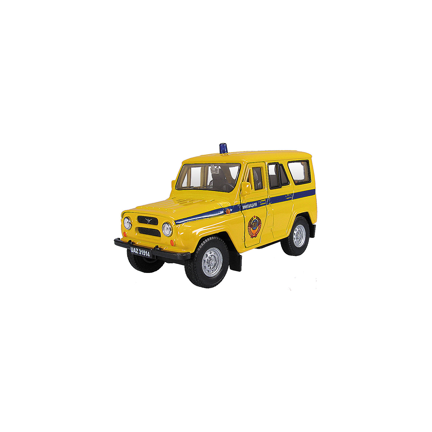 Машинка UAZ 31514 милиция СССР 1:36, Autotime Машинка UAZ 31514 милиция СССР 1:36, AutotimeМашинки<br>Машинка UAZ 31514 милиция СССР 1:36, Autotime (Автотайм).<br><br>Характеристики:<br><br>• Масштаб 1:36<br>• Длина машинки: 11,5 см.<br>• Цвет: желтый<br>• Материал: металл, пластик<br>• Упаковка: картонная коробка блистерного типа<br>• Размер упаковки: 16,5x5,7x7,2 см.<br><br>Машинка UAZ 31514 милиция СССР от Autotime (Автотайм) является уменьшенной копией настоящего автомобиля. UAZ 31514 - полноприводный автомобиль повышенной проходимости. Выпускался в 1993 - 2003 годах. Модель отличается высокой степенью детализации. Автомобиль окрашен в желтый цвет, вдоль бортов проходит синяя полоса с надписью Милиция, на крыше расположена имитация синей мигалки, на передней двери изображен герб СССР. Корпус машинки металлический с пластиковыми элементами. Передние двери открываются, что позволяет рассмотреть салон изнутри в деталях. Машинка оснащена инерционным механизмом. Машинка UAZ 31514 милиция СССР, выпущенная в русской серии бренда Autotime (Автотайм), станет хорошим подарком и ребенку, и коллекционеру моделей автомобилей.<br><br>Машинку UAZ 31514 милиция СССР 1:36, Autotime (Автотайм) можно купить в нашем интернет-магазине.<br><br>Ширина мм: 165<br>Глубина мм: 57<br>Высота мм: 75<br>Вес г: 13<br>Возраст от месяцев: 36<br>Возраст до месяцев: 2147483647<br>Пол: Мужской<br>Возраст: Детский<br>SKU: 5583871
