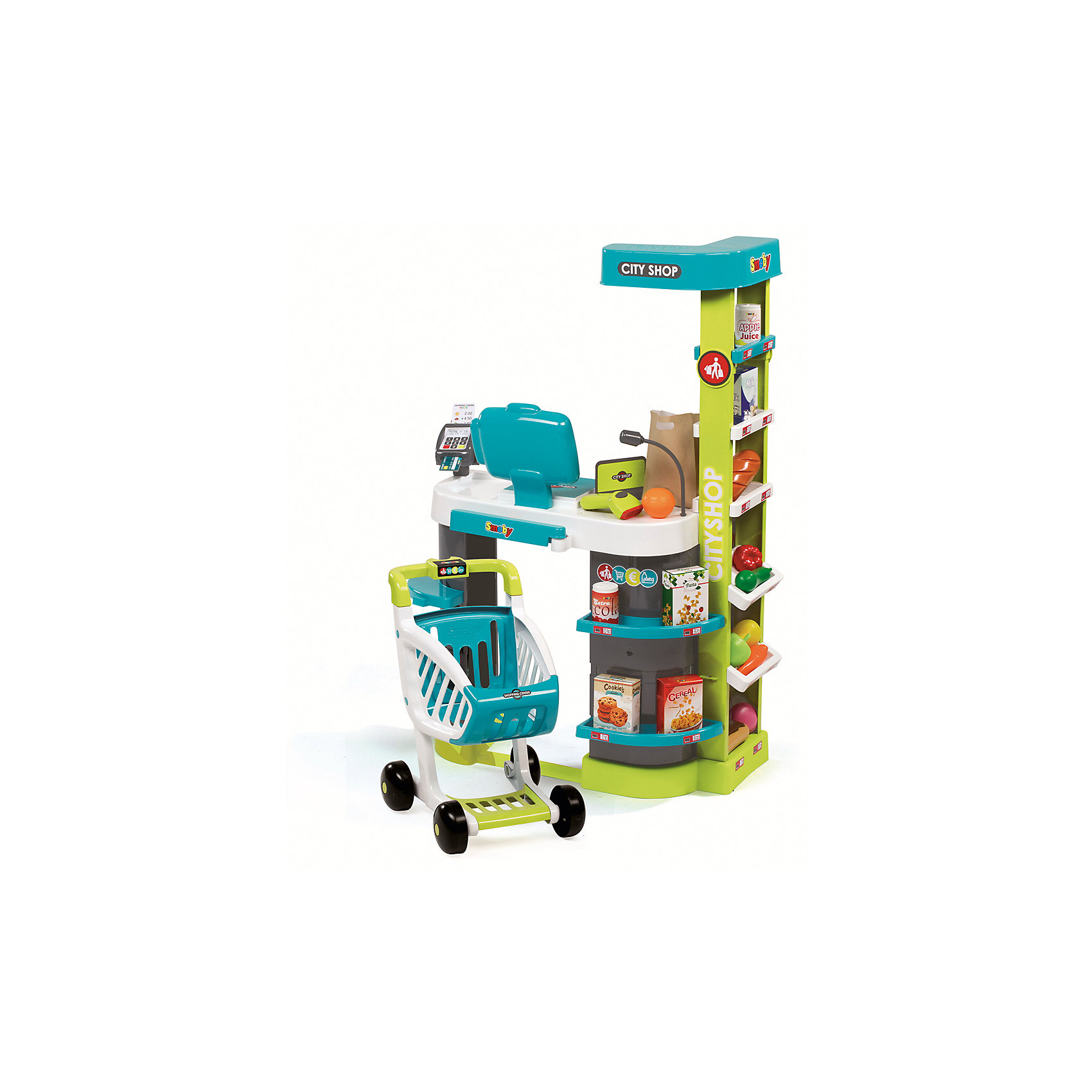 Супермаркет игровой City Shop, со светом и звуком, Smoby Супермаркет игровой City Shop, со светом и звуком, SmobyДетские магазины и аксесссуары<br>Характеристики товара:<br><br>• возраст от 3 лет;<br>• материал: пластик;<br>• в комплекте: супермаркет, тележка, 4 коробочки, овощи и фрукты, эклер, батон, пирожное, 2 баночки, ключ, сканер, банковская карта, разделитель, 4 карточки, 6 монет, 12 купюр, бумажный пакет;<br>• работает от 2 батареек АА (в комплект не входят);<br>• размер магазина 59,5х32,4х86 см;<br>• размер упаковки 49,4х23,7х69,7 см;<br>• вес упаковки 4,01 кг;<br>• страна производитель: Франция.<br><br>Супермаркет игровой City Shop Smoby представляет собой настоящий магазин с тележкой, продуктами и кассовым аппаратом. Он познакомит девочку с устройством супермаркета и кассового аппарата, а также позволит ей придумать игры, представляя себя продавцом или покупателем. На полках расставлены продукты для продажи, за стойкой расположился кассовый аппарат с монетами, купюрами и терминалом для карт. В большую тележку можно сложить необходимые продукты. Игрушка оснащена сенсорным дисплеем, на котором отображается сумма покупки, и звуковыми эффектами. Во время игры слышны звуки сканера, который считывает штрих-код. <br><br>Супермаркет игровой City Shop Smoby можно приобрести в нашем интернет-магазине.<br><br>Ширина мм: 494<br>Глубина мм: 237<br>Высота мм: 697<br>Вес г: 4010<br>Возраст от месяцев: 36<br>Возраст до месяцев: 96<br>Пол: Унисекс<br>Возраст: Детский<br>SKU: 5613492