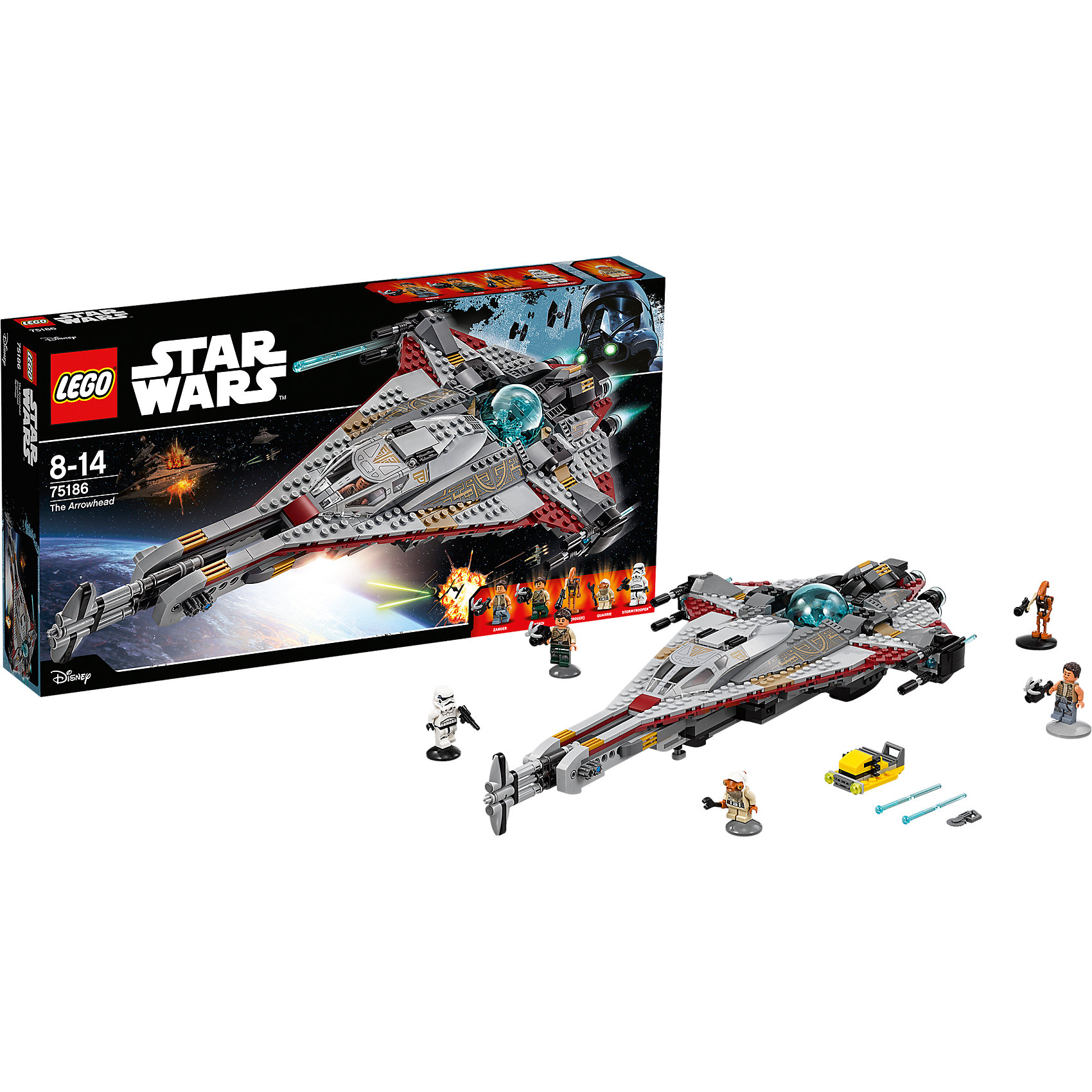 Конструктор Lego Star Wars 75186: Стрела Конструктор Lego Star Wars 75186: СтрелаПластмассовые конструкторы<br>Характеристики товара:<br><br>• возраст: от 8 лет;<br>• материал: пластик;<br>• в комплекте: 775 деталей;<br>• количество минифигурок: 5;<br>• размер упаковки: 54х28,2х8 см;<br>• вес упаковки: 1,26 кг;<br>• страна производитель: Чехия.<br><br>Конструктор Lego Star Wars «Стрела» создан по мотивам мультсериала «Приключения Фримейкеров». Семья Фримейкеров стоит на стороне повстанцев. На корабле Стрела Зандер, Корди, Кварри и дроид R0-GR скрываются от сил Империи.<br><br>Из элементов конструктора предстоит собрать 5 фигурок персонажей и корабль. Все детали выполнены из качественных безопасных материалов. В процессе сборки конструктора у детей развиваются мелкая моторика рук, усидчивость, логическое мышление.<br><br>Конструктор Lego Star Wars «Стрела» можно приобрести в нашем интернет-магазине.<br><br>Ширина мм: 540<br>Глубина мм: 281<br>Высота мм: 83<br>Вес г: 1271<br>Возраст от месяцев: 96<br>Возраст до месяцев: 2147483647<br>Пол: Мужской<br>Возраст: Детский<br>SKU: 5619980