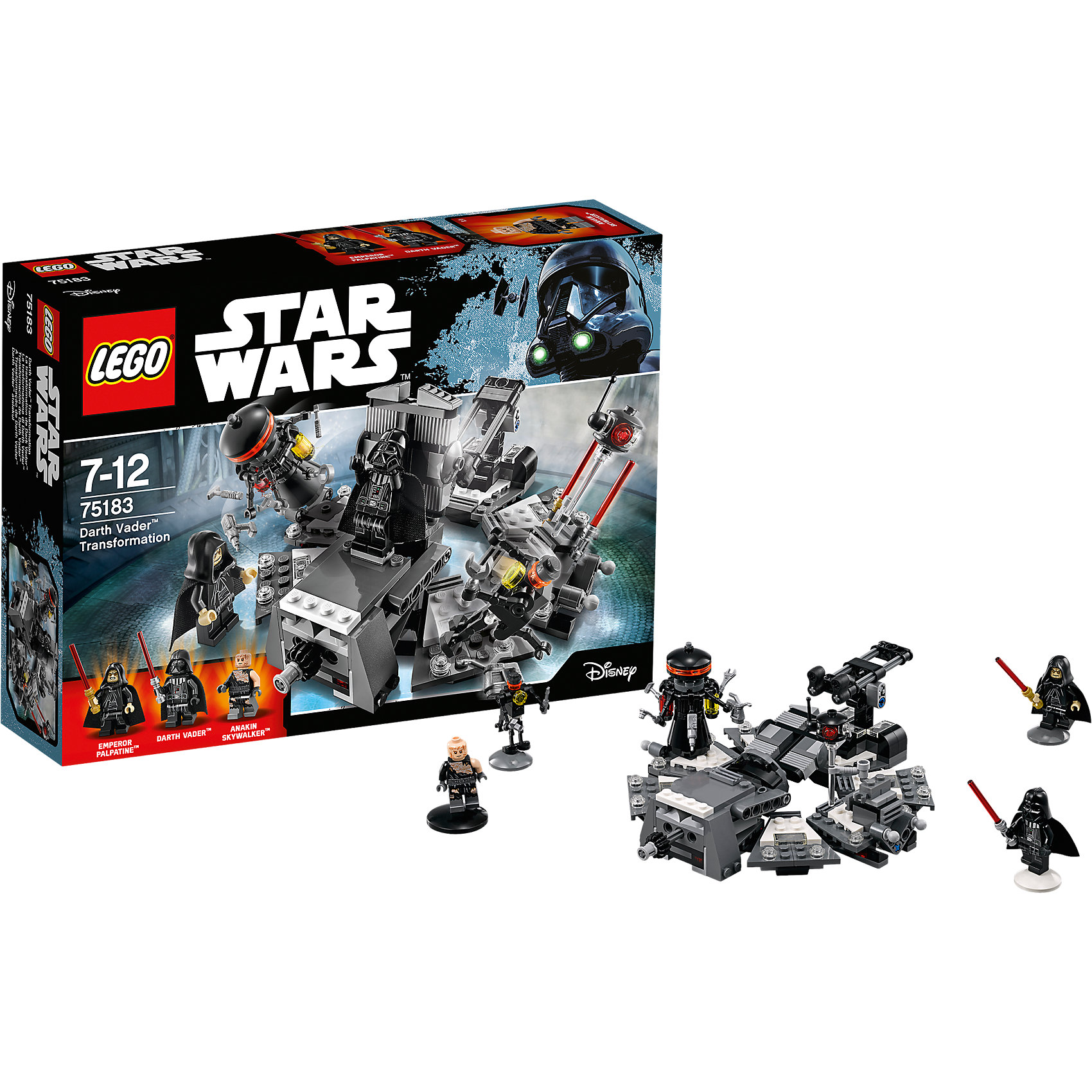 Конструктор Lego Star Wars 75183: Превращение в Дарта Вейдера Конструктор Lego Star Wars 75183: Превращение в Дарта ВейдераПластмассовые конструкторы<br>Характеристики товара:<br><br>• возраст: от 7 лет;<br>• материал: пластик;<br>• в комплекте: 282 детали;<br>• количество минифигурок: 3 + фигурка дроида;<br>• размер упаковки: 26,2х19,1х6,1 см;<br>• вес упаковки: 365 гр.;<br>• страна производитель: Чехия.<br><br>Конструктор Lego Star Wars «Превращение в Дарта Вейдера» создан по мотивам известной космической саги «Звездные войны». Дарт Вейдер — один из самых известных персонажей саги, главный злодей. Под его маской скрыт некогда бывший джедаем Энакин Скайуокер. Раненный в бою, он превратился в Дарта Вейдера при помощи Императора Палпатина, который поставил ему протезы и сделал маску, через которую он дышит.<br><br>Из элементов конструктора предстоит собрать 4 фигурки персонажей и центр хирургии, где произошло превращение Энакина в Дарта Вейдера. Все детали выполнены из качественных безопасных материалов. В процессе сборки конструктора у детей развиваются мелкая моторика рук, усидчивость, логическое мышление.<br><br>Конструктор Lego Star Wars «Превращение в Дарта Вейдера» можно приобрести в нашем интернет-магазине.<br><br>Ширина мм: 262<br>Глубина мм: 191<br>Высота мм: 61<br>Вес г: 363<br>Возраст от месяцев: 84<br>Возраст до месяцев: 2147483647<br>Пол: Мужской<br>Возраст: Детский<br>SKU: 5619982