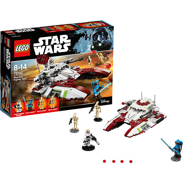 Конструктор Lego Star Wars 75182: Боевой танк Республики Конструктор Lego Star Wars 75182: Боевой танк РеспубликиИдеи подарков<br>Характеристики товара:<br><br>• возраст: от 8 лет;<br>• материал: пластик;<br>• в комплекте: 305 деталей;<br>• количество минифигурок: 4;<br>• размер упаковки: 26,2х19,1х6,1 см;<br>• вес упаковки: 385 гр.;<br>• страна производитель: Чехия.<br><br>Конструктор Lego Star Wars «Боевой танк Республики» создан по мотивам известной космической саги «Звездные войны». Джедай Эйла Секура сражается против дроидов Империи. Штурмовики атакуют на большом танке, который стреляет снарядами. У Эйлы в руках световой меч.<br><br>Из элементов конструктора предстоит собрать 4 фигурки персонажей и танк. Все детали выполнены из качественных безопасных материалов. В процессе сборки конструктора у детей развиваются мелкая моторика рук, усидчивость, логическое мышление.<br><br>Конструктор Lego Star Wars «Боевой танк Республики» можно приобрести в нашем интернет-магазине.<br><br>Ширина мм: 264<br>Глубина мм: 192<br>Высота мм: 66<br>Вес г: 384<br>Возраст от месяцев: 96<br>Возраст до месяцев: 2147483647<br>Пол: Мужской<br>Возраст: Детский<br>SKU: 5619983