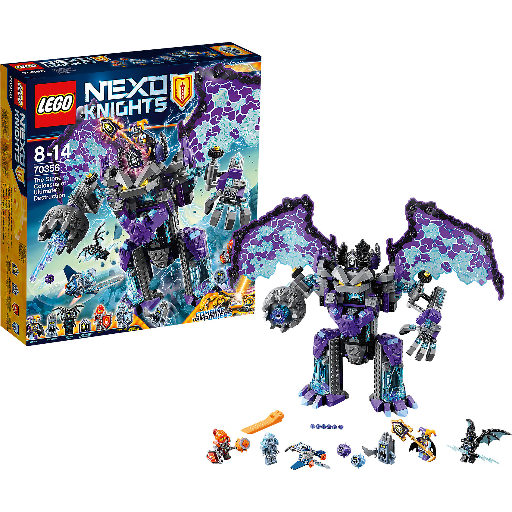 Конструктор Lego Nexo Knights 70356: Каменный великан-разрушитель Конструктор Lego Nexo Knights 70356: Каменный великан-разрушительПластмассовые конструкторы<br>Характеристики товара:<br><br>• возраст: от 8 лет;<br>• материал: пластик;<br>• в комплекте: 785 деталей;<br>• количество минифигурок: 5<br>• размер упаковки: 35,4х37,8х9,4 см;<br>• вес упаковки: 1,21 кг;<br>• страна производитель: Китай.<br><br>Конструктор Lego Nexo Knights «Каменный великан-разрушитель» входит в серию Лего Нексо Найтс, которая повествует о королевстве Найтония и отважных рыцарях Нексо. Шут Джестро решил захватить трон королевства и создал армию Каменных монстров. Он управляет большим летающим монстром, стреляющим шипами. Отважные Клэй и Аксель противостоят сопернику.<br><br>Из элементов конструктора предстоит собрать 5 фигурок персонажей, монстра. С ними дети могут придумывать свои захватывающие сюжеты для игры. В набор также включены 2 нексо-силы, которые можно отсканировать через приложение и играть в игру. Сборка конструктора развивает у ребенка логическое мышление, моторику рук, усидчивость.<br><br>Конструктор Lego Nexo Knights «Каменный великан-разрушитель» можно приобрести в нашем интернет-магазине.<br><br>Ширина мм: 375<br>Глубина мм: 403<br>Высота мм: 299<br>Вес г: 1208<br>Возраст от месяцев: 96<br>Возраст до месяцев: 2147483647<br>Пол: Мужской<br>Возраст: Детский<br>SKU: 5619990