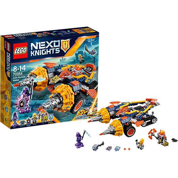 Конструктор Lego Nexo Knights 70354: Бур-машина Акселя Конструктор Lego Nexo Knights 70354: Бур-машина АкселяКонструкторы Лего<br>Характеристики товара:<br><br>• возраст: от 8 лет;<br>• материал: пластик;<br>• в комплекте: 318 деталей;<br>• количество минифигурок: 3;<br>• размер упаковки: 28,2х26,2х7,6 см;<br>• вес упаковки: 600 гр.;<br>• страна производитель: Чехия.<br><br>Конструктор Lego Nexo Knights «Бур-машина Акселя» входит в серию Лего Нексо Найтс, которая повествует о королевстве Найтония и отважных рыцарях Нексо. Аксель — один из рыцарей. У него своя машина на гусеничном ходу с буровым механизмом. Машина умеет трансформироваться в танк, который управляется ботом Акселя.<br><br>Из элементов конструктора предстоит собрать фигурки Акселя, его бота, машину. С ними дети могут придумывать свои захватывающие сюжеты для игры. В набор также включены 2 нексо-силы, которые можно отсканировать через приложение и играть в игру. Сборка конструктора развивает у ребенка логическое мышление, моторику рук, усидчивость.<br><br>Конструктор Lego Nexo Knights «Бур-машина Акселя» можно приобрести в нашем интернет-магазине.<br><br>Ширина мм: 288<br>Глубина мм: 264<br>Высота мм: 78<br>Вес г: 590<br>Возраст от месяцев: 96<br>Возраст до месяцев: 2147483647<br>Пол: Мужской<br>Возраст: Детский<br>SKU: 5619992