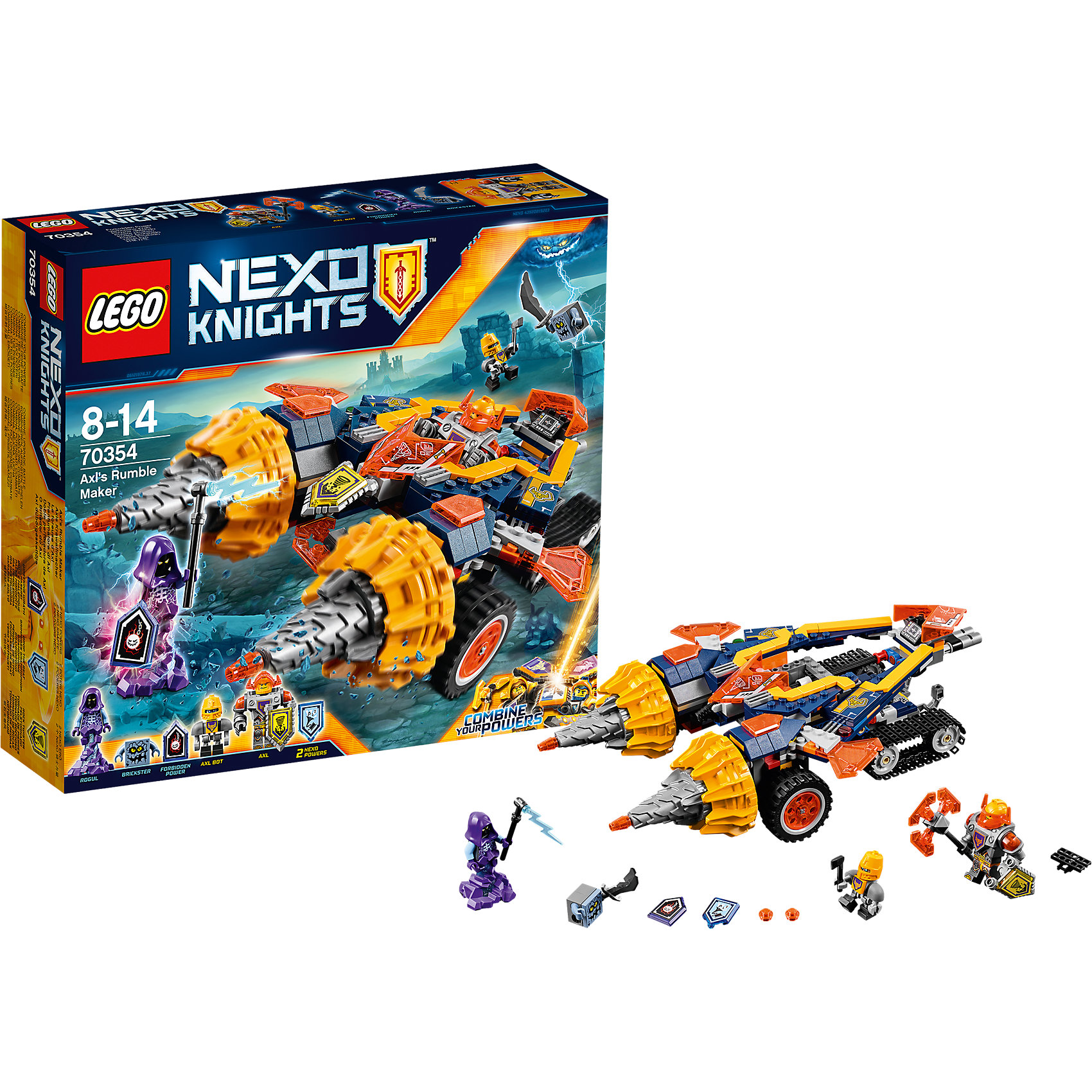 Конструктор Lego Nexo Knights 70354: Бур-машина Акселя Конструктор Lego Nexo Knights 70354: Бур-машина АкселяПластмассовые конструкторы<br>Характеристики товара:<br><br>• возраст: от 8 лет;<br>• материал: пластик;<br>• в комплекте: 318 деталей;<br>• количество минифигурок: 3;<br>• размер упаковки: 28,2х26,2х7,6 см;<br>• вес упаковки: 600 гр.;<br>• страна производитель: Чехия.<br><br>Конструктор Lego Nexo Knights «Бур-машина Акселя» входит в серию Лего Нексо Найтс, которая повествует о королевстве Найтония и отважных рыцарях Нексо. Аксель — один из рыцарей. У него своя машина на гусеничном ходу с буровым механизмом. Машина умеет трансформироваться в танк, который управляется ботом Акселя.<br><br>Из элементов конструктора предстоит собрать фигурки Акселя, его бота, машину. С ними дети могут придумывать свои захватывающие сюжеты для игры. В набор также включены 2 нексо-силы, которые можно отсканировать через приложение и играть в игру. Сборка конструктора развивает у ребенка логическое мышление, моторику рук, усидчивость.<br><br>Конструктор Lego Nexo Knights «Бур-машина Акселя» можно приобрести в нашем интернет-магазине.<br><br>Ширина мм: 296<br>Глубина мм: 251<br>Высота мм: 284<br>Вес г: 2090<br>Возраст от месяцев: 96<br>Возраст до месяцев: 2147483647<br>Пол: Мужской<br>Возраст: Детский<br>SKU: 5619992